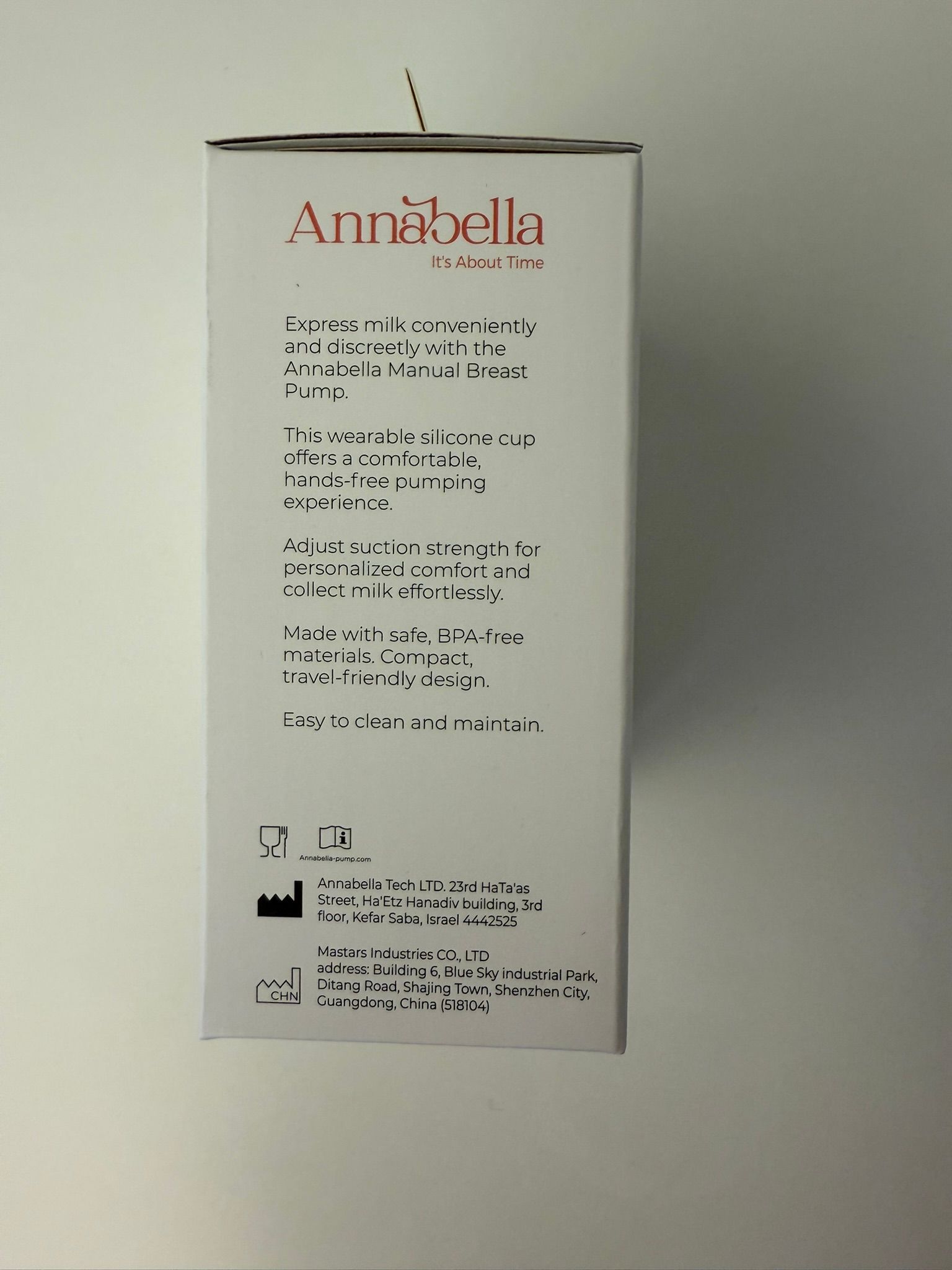 Verpackung. Text: Annabella, It's About Time. Beschreibung der Brustpumpe. Adresse.