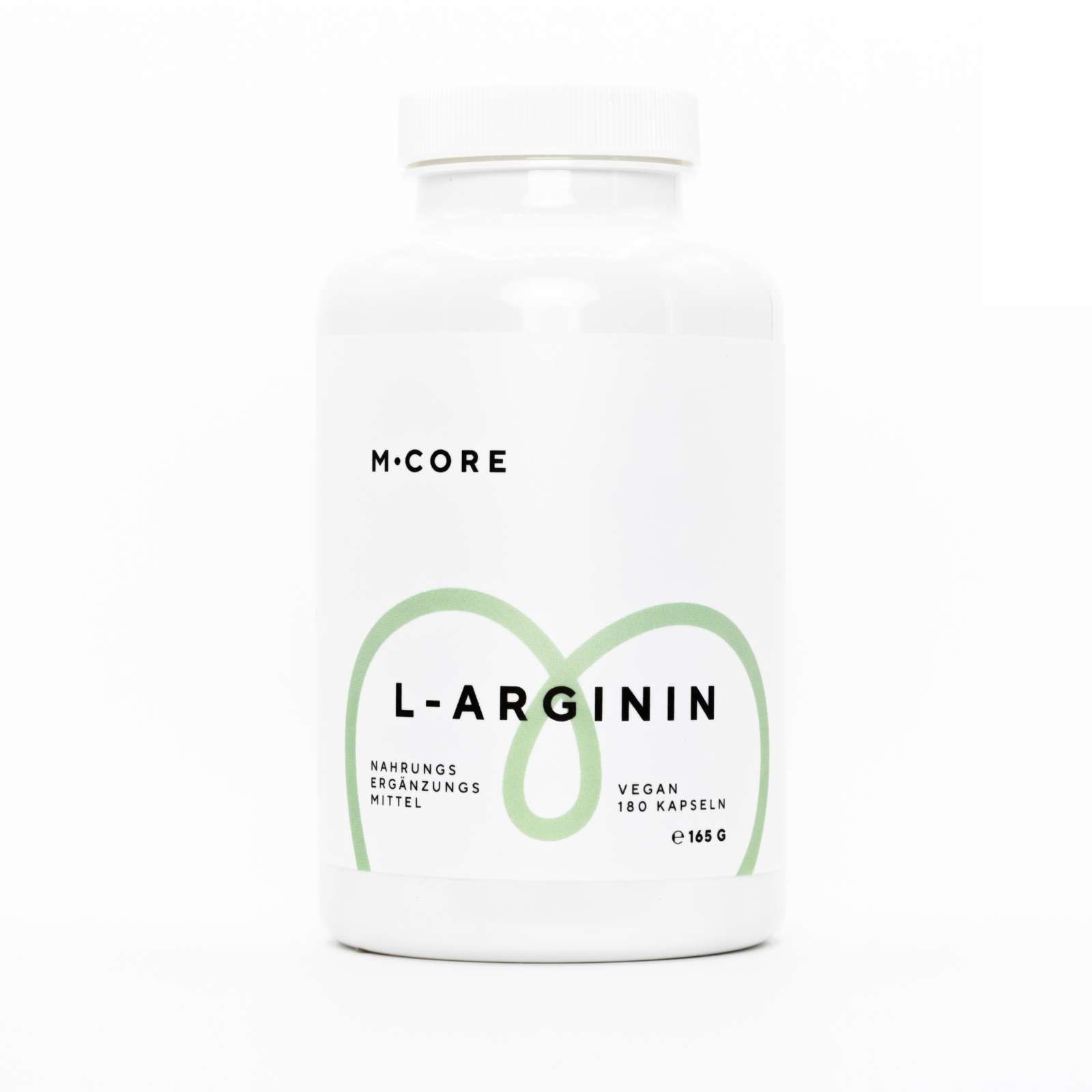 Weiße Flasche mit M-Core L-Arginin. Grün umrandeter Schriftzug L-Arginin. Vegan, 180 Kapseln. Nahrungsergänzungsmittel.