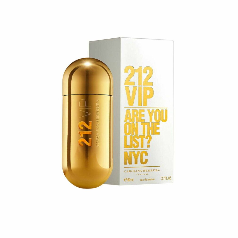 Goldfarbener Flakon und Verpackung. Aufschrift: 212 VIP, Are you on the list? NYC. Carolina Herrera.