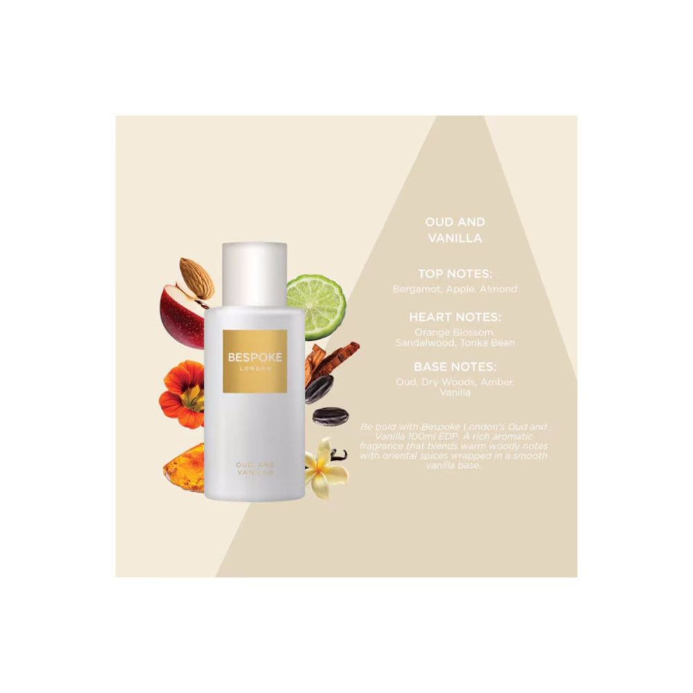 Weißes Parfumflakon mit goldfarbenem Etikett. Text: Bespoke, Oud and Vanilla. Abgebildet sind Früchte und Blüten.