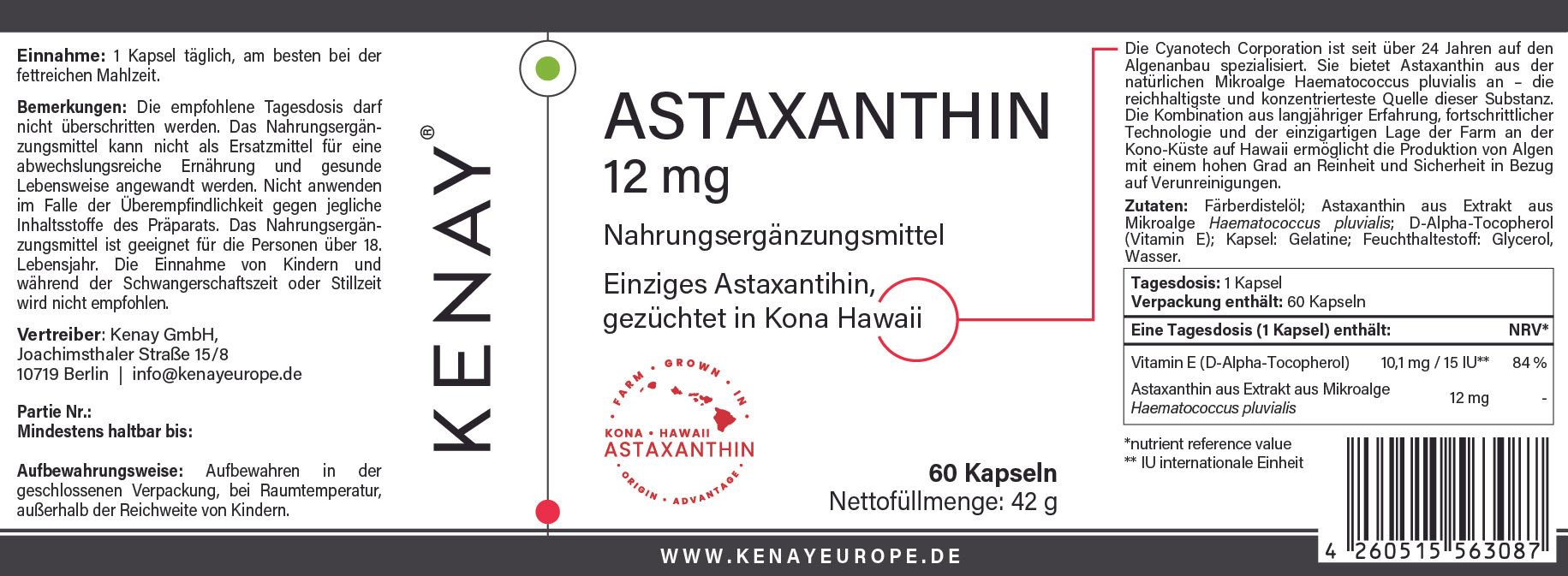 Astaxanthin 12mg | Nahrungsergänzungsmittel | KENAY®