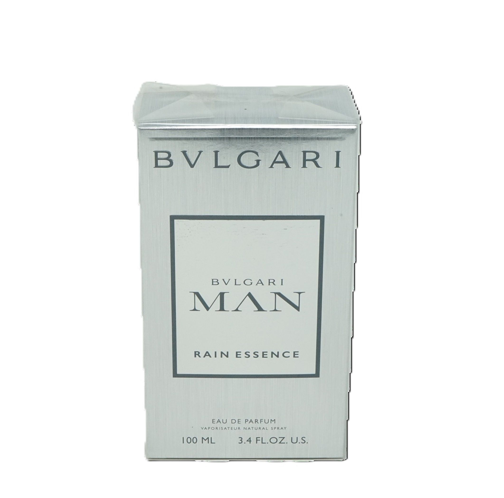 Bvlgari Man Rain Essence Eau de Parfum. Weiße rechteckige Schachtel mit Logo und Produktbezeichnung. 100 ml.