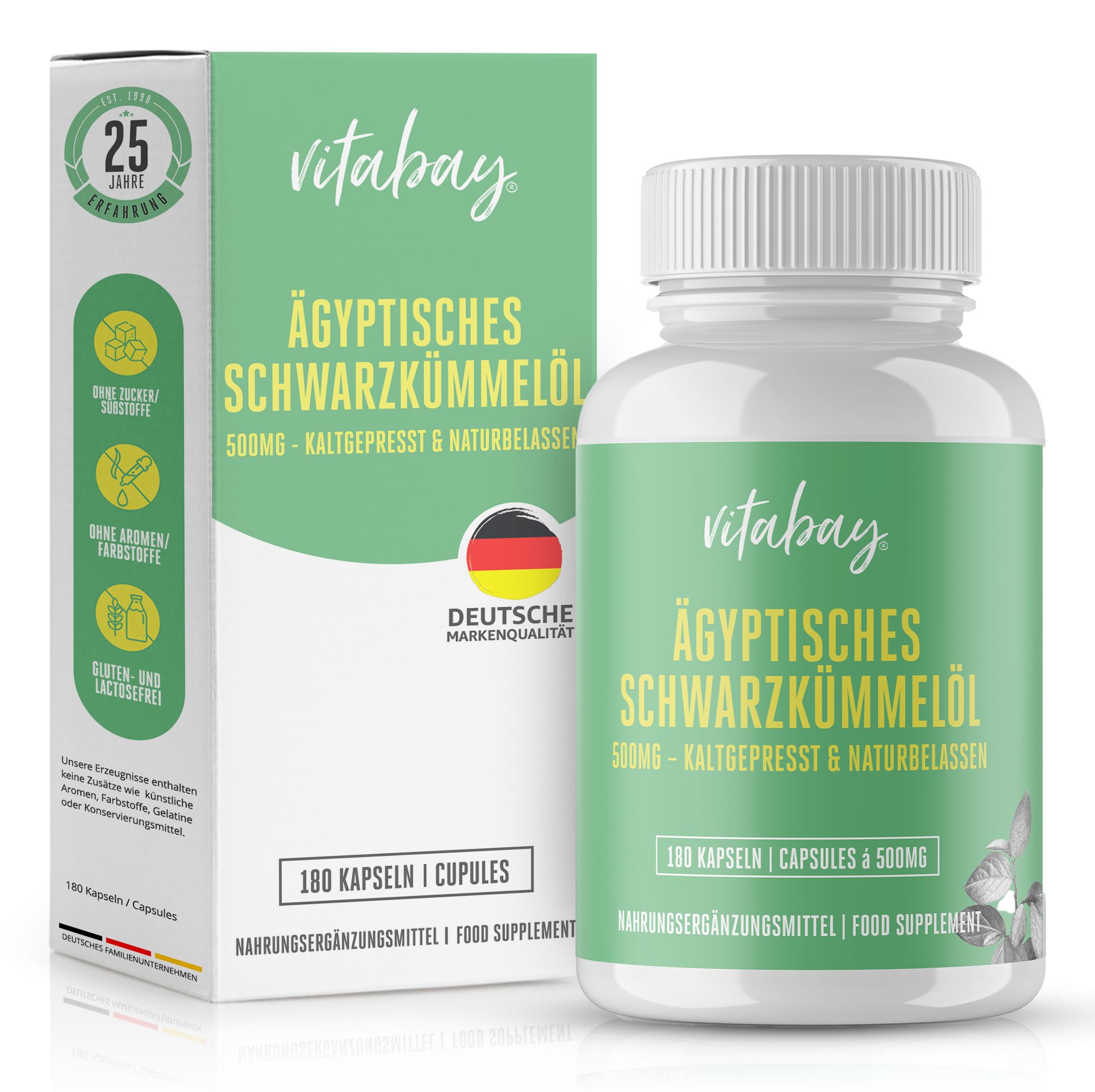 Vitabay Ägyptisches Schwarzkümmelöl 500 mg in einer Flasche und einer Schachtel. Enthält 180 Kapseln. Deutsche Markenqualität.