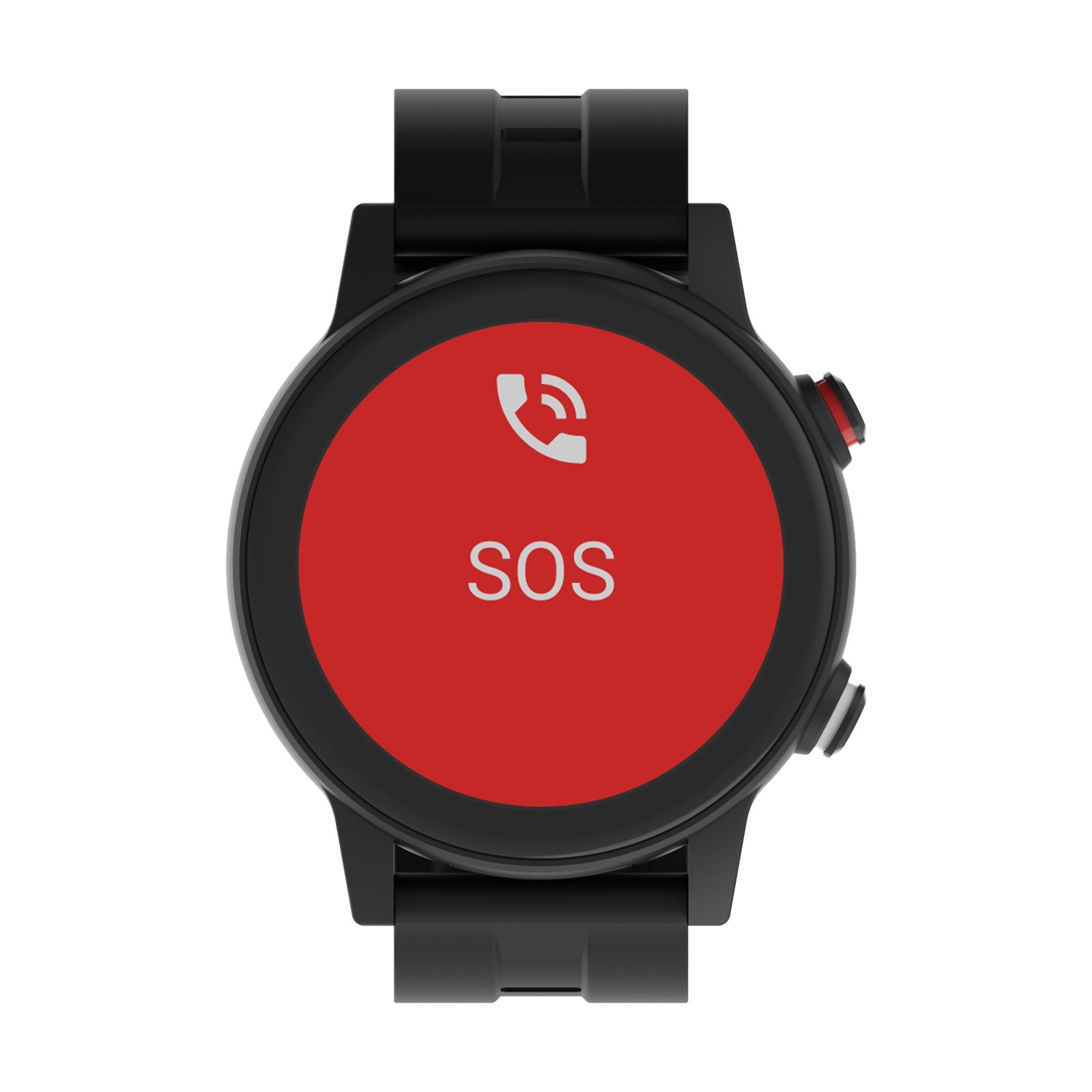 Schwarze Smartwatch mit rotem SOS-Symbol auf dem Zifferblatt. Das Zifferblatt ist rot.
