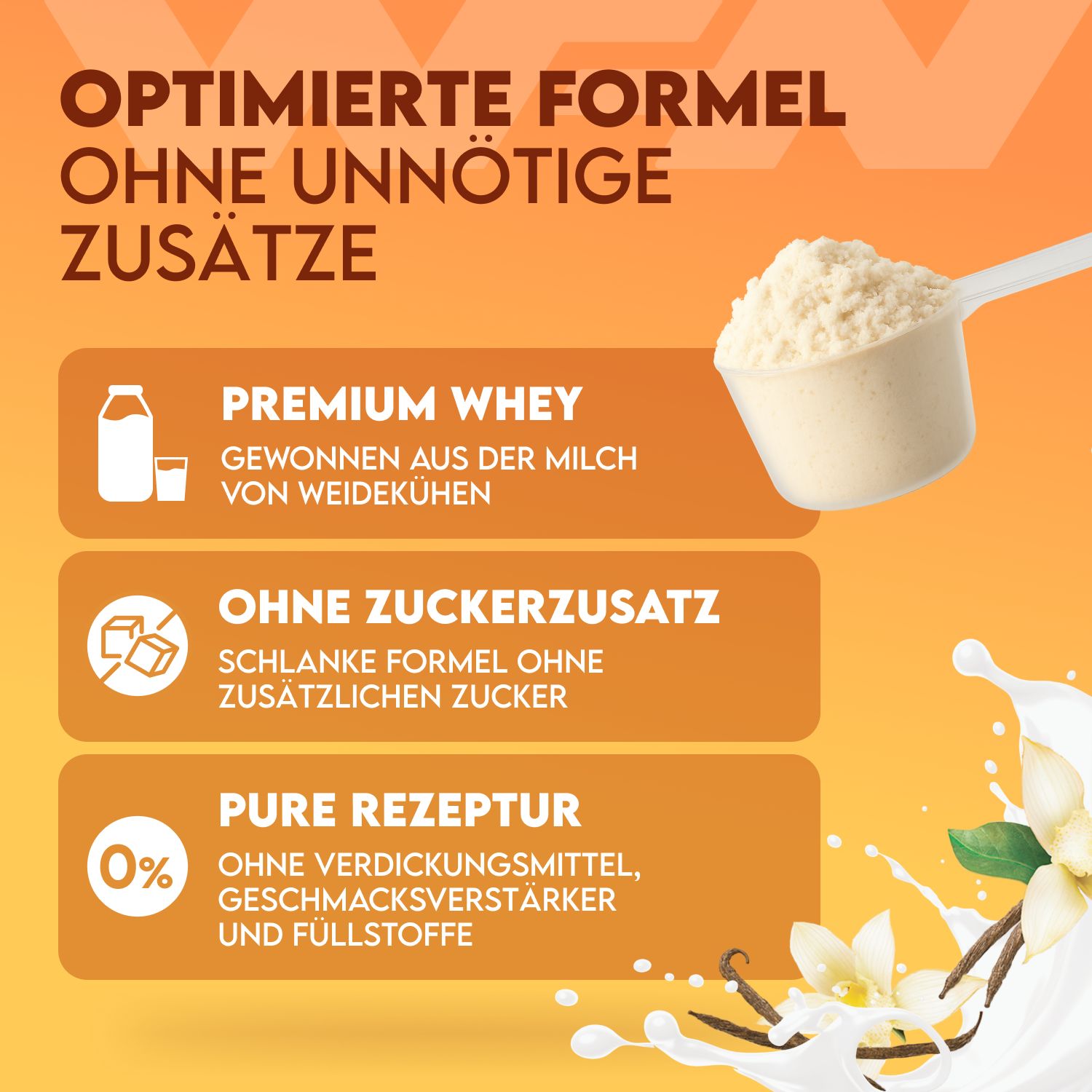 Löffel mit Proteinpulver. Text: Optimierte Formel ohne unnötige Zusätze. Premium Whey, ohne Zuckerzusatz, Pure Rezeptur.