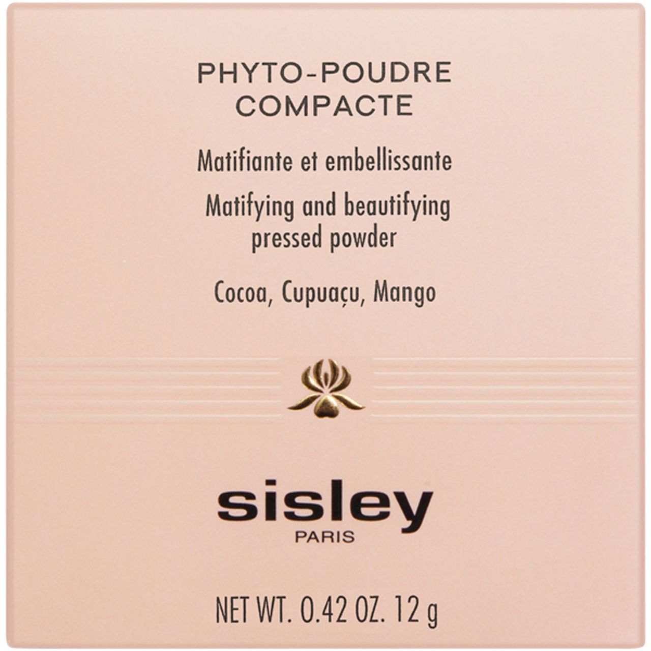 Verpackung von Phyto-Poudre Compacte. Text: Mattierend und verschönernd. Inhaltsstoffe: Cocoa, Cupuaçu, Mango. Marke Sisley.
