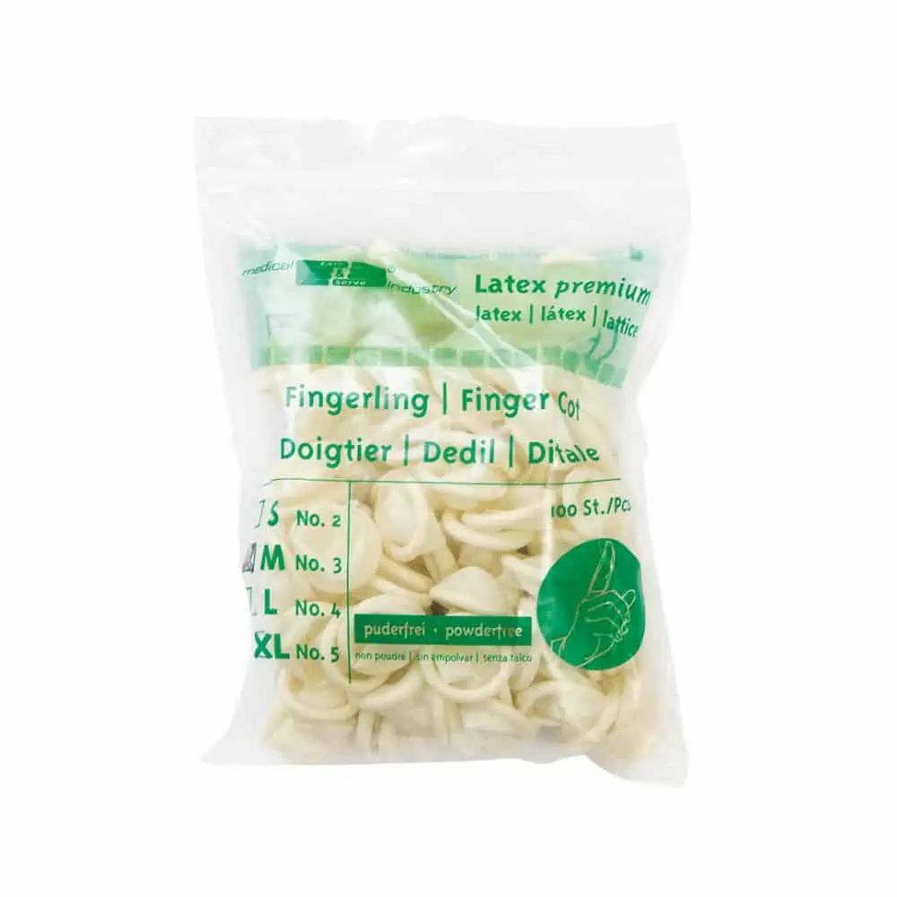 Beutel mit Latex-Fingerlingen. Aufschrift: Latex premium, Fingerling, puderfrei. Größen: S, M, L, XL. Inhalt: 100 Stück.
