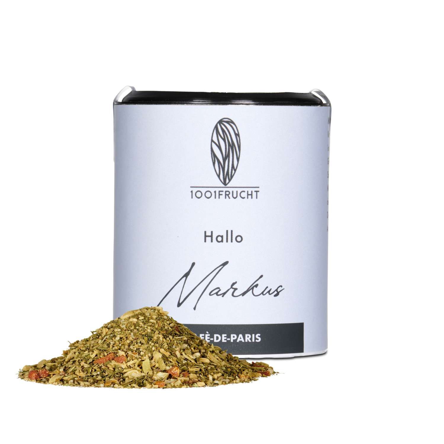 Zylindrische Dose mit Aufschrift "1001Frucht Hallo Markus Cafè-de-Paris". Daneben ein Haufen Gewürze.