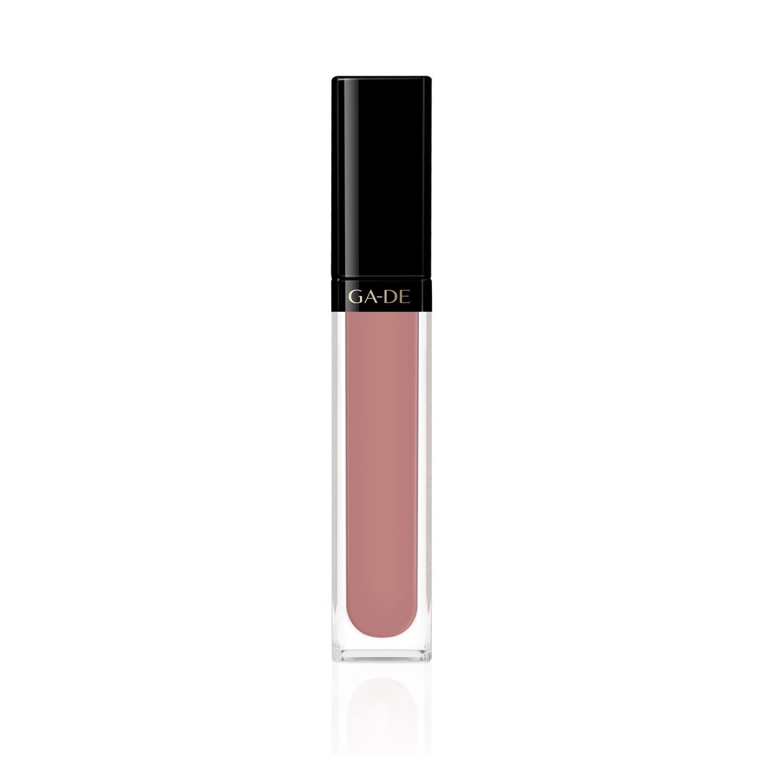 Ga-De Crystal Lights Lipgloss. Rechteckige, transparente Hülle mit rosafarbenem Inhalt. Schwarzer Deckel mit GA-DE-Logo.