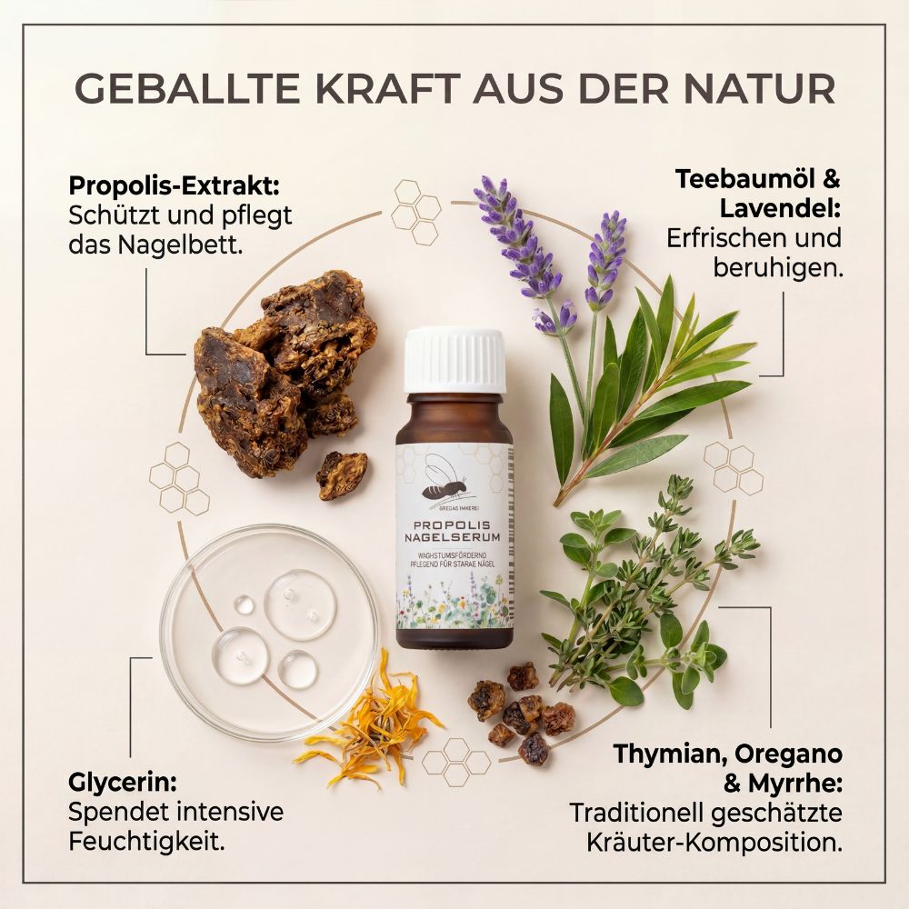 Propolis Nagelserum Flasche mit Pinsel, Kräuter, Propolisbrocken und Text.