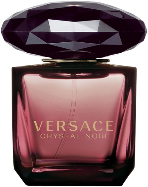 Versace Crystal Noir Eau de Toilette. Flakon mit schwarzem Deckel. Rechteckiger Flakon mit Schriftzug.