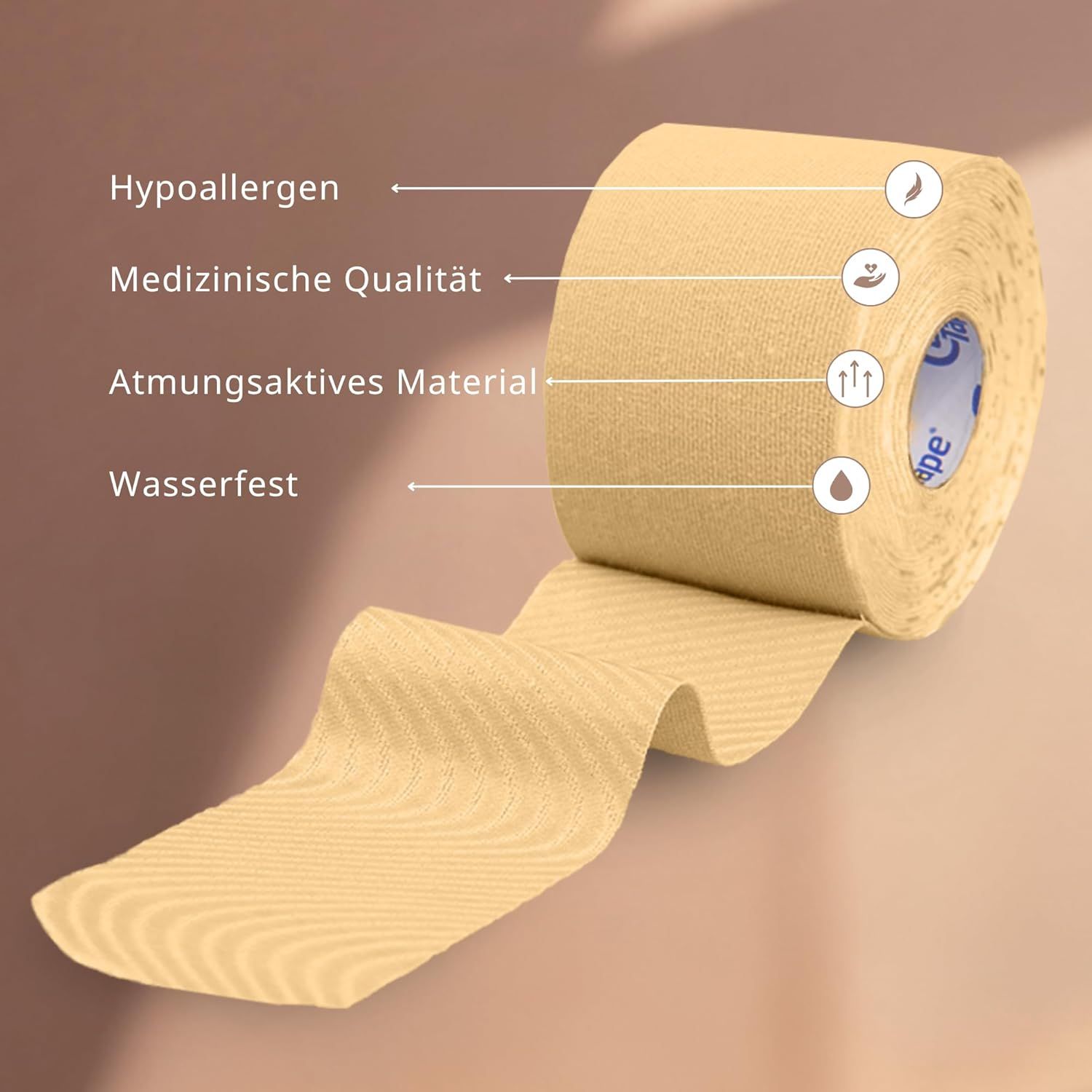 CureTape Beauty Kinesiologie Tape Rolle mit Eigenschaften: hypoallergen, medizinisch, atmungsaktiv, wasserfest.