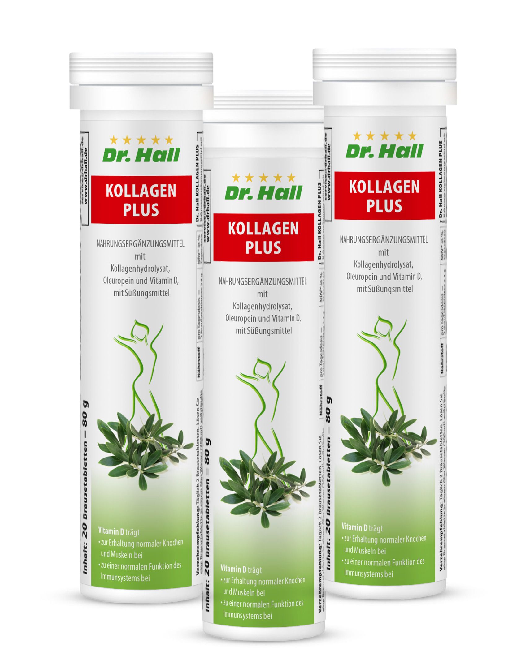 Drei zylindrische Behälter mit "Dr. Hall Kollagen Plus"-Etiketten. Weiße Behälter mit roter Schrift und grünen Akzenten, 80g.