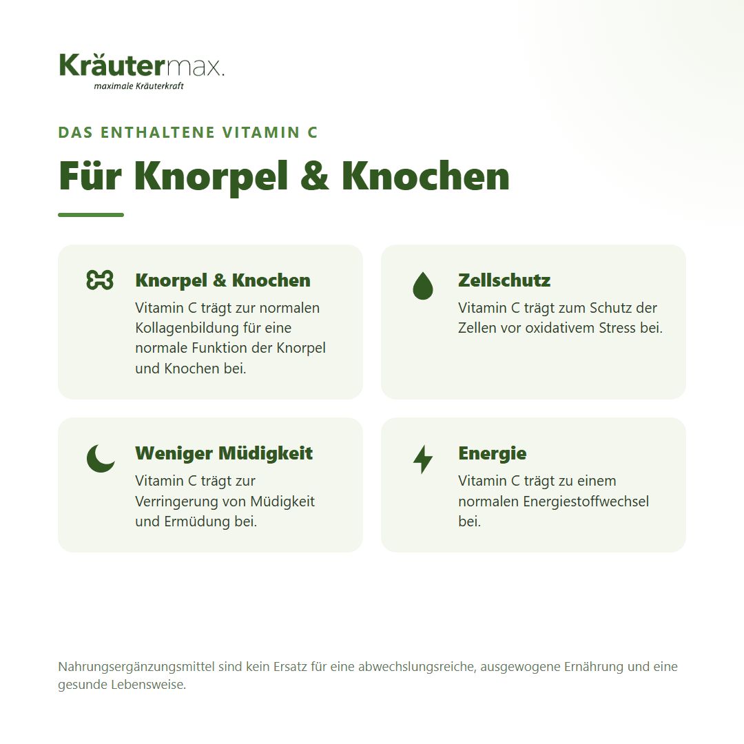 Kräutermáx: Vitamin C für Knorpel & Knochen, Zellschutz, weniger Müdigkeit, Energie. Text erklärt Vorteile von Vitamin C.