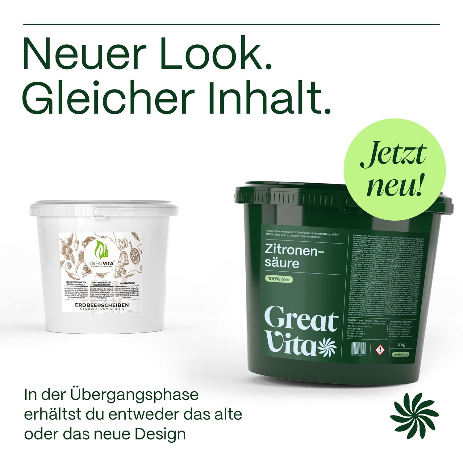 Vergleich: Alter und neuer Look. Grüner Eimer mit Zitronensäure und weißer Eimer mit Erdbeerscheiben.