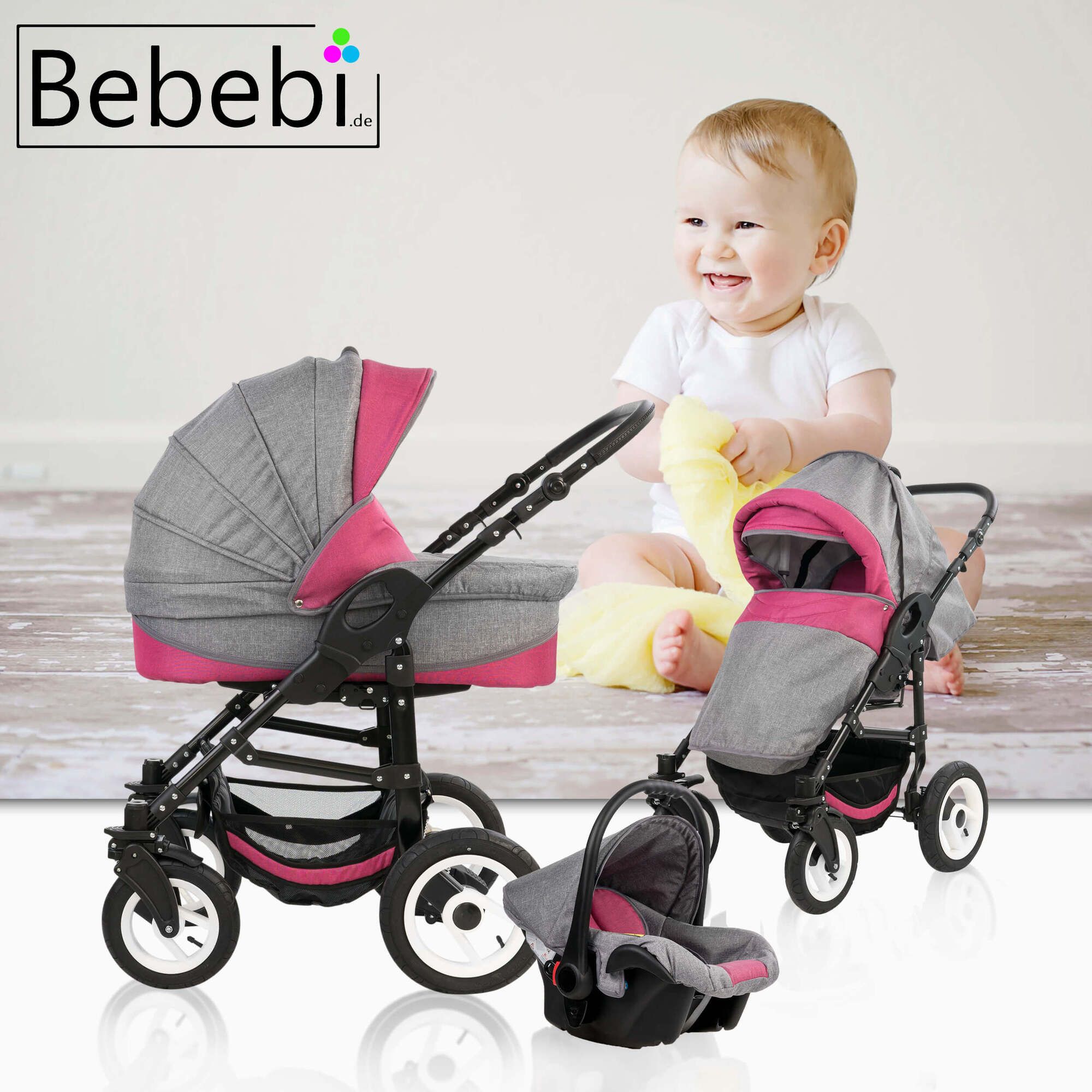 Bebebi Florenz 3 in 1 Kinderwagen Set mit Original Maxi Cosi, Luftreifen, Davanzati Pink Black