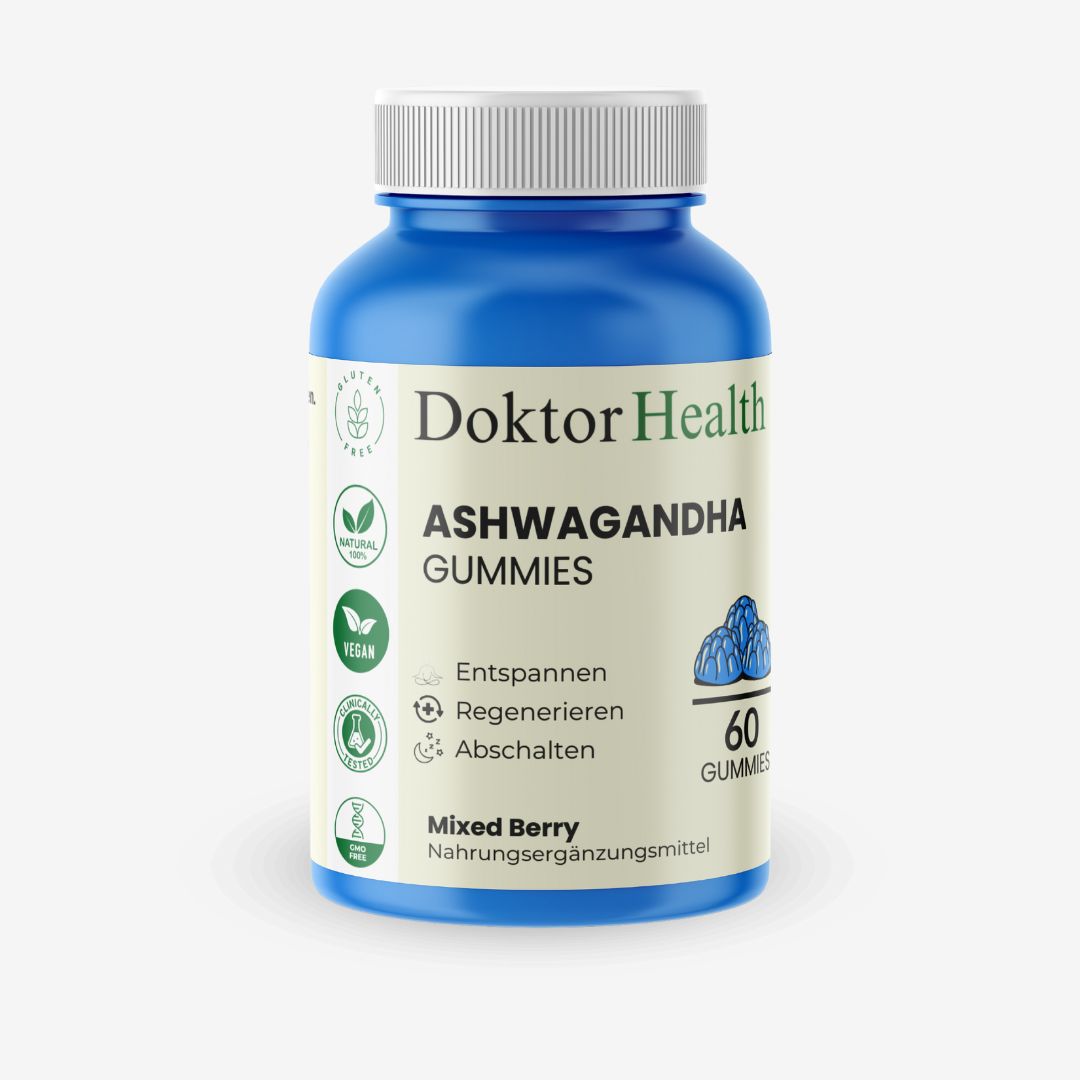 Blaue Flasche mit weißen Deckel. Aufschrift: Doktor Health, Ashwagandha Gummies, 60 Gummies. Vegan, glutenfrei.