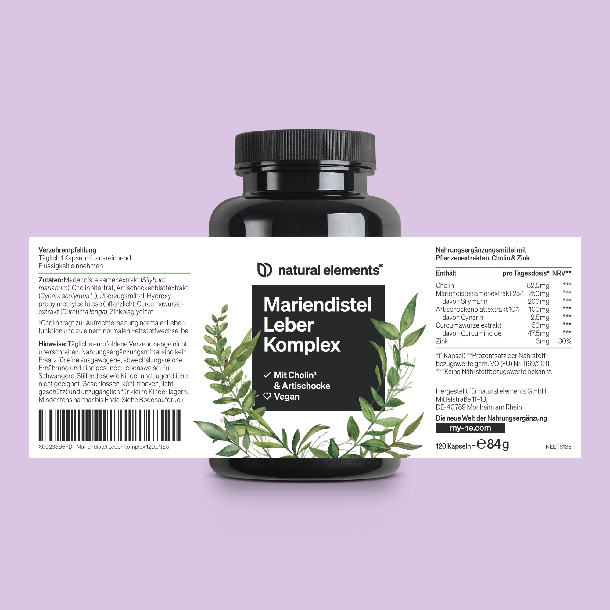 Schwarze Flasche mit natural elements Mariendistel Leber Komplex. Aufkleber mit Produktinformationen und Inhaltsstoffen.
