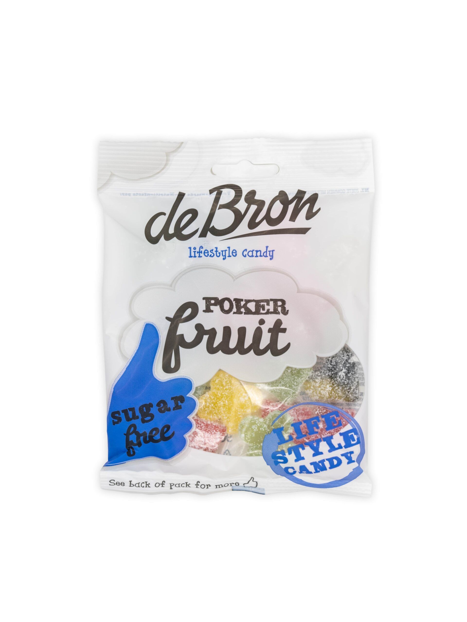 Beutel mit Pokerfruit-Gummibärchen. Aufschrift: de Bron, Pokerfruit, sugar free, Lifestyle Candy. Verschiedene Farben.