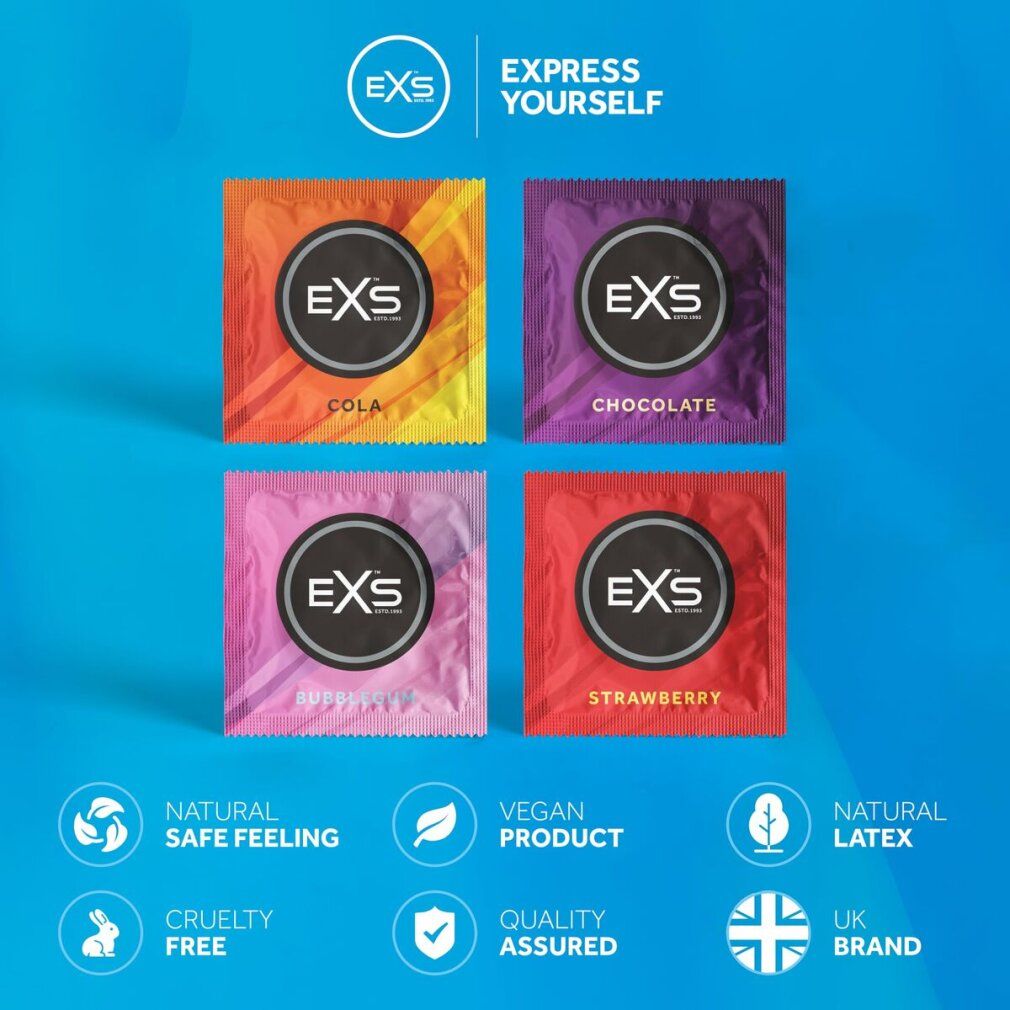 Vier Kondomverpackungen mit verschiedenen Geschmacksrichtungen. Aufschrift "EXS" und "EXPRESS YOURSELF".