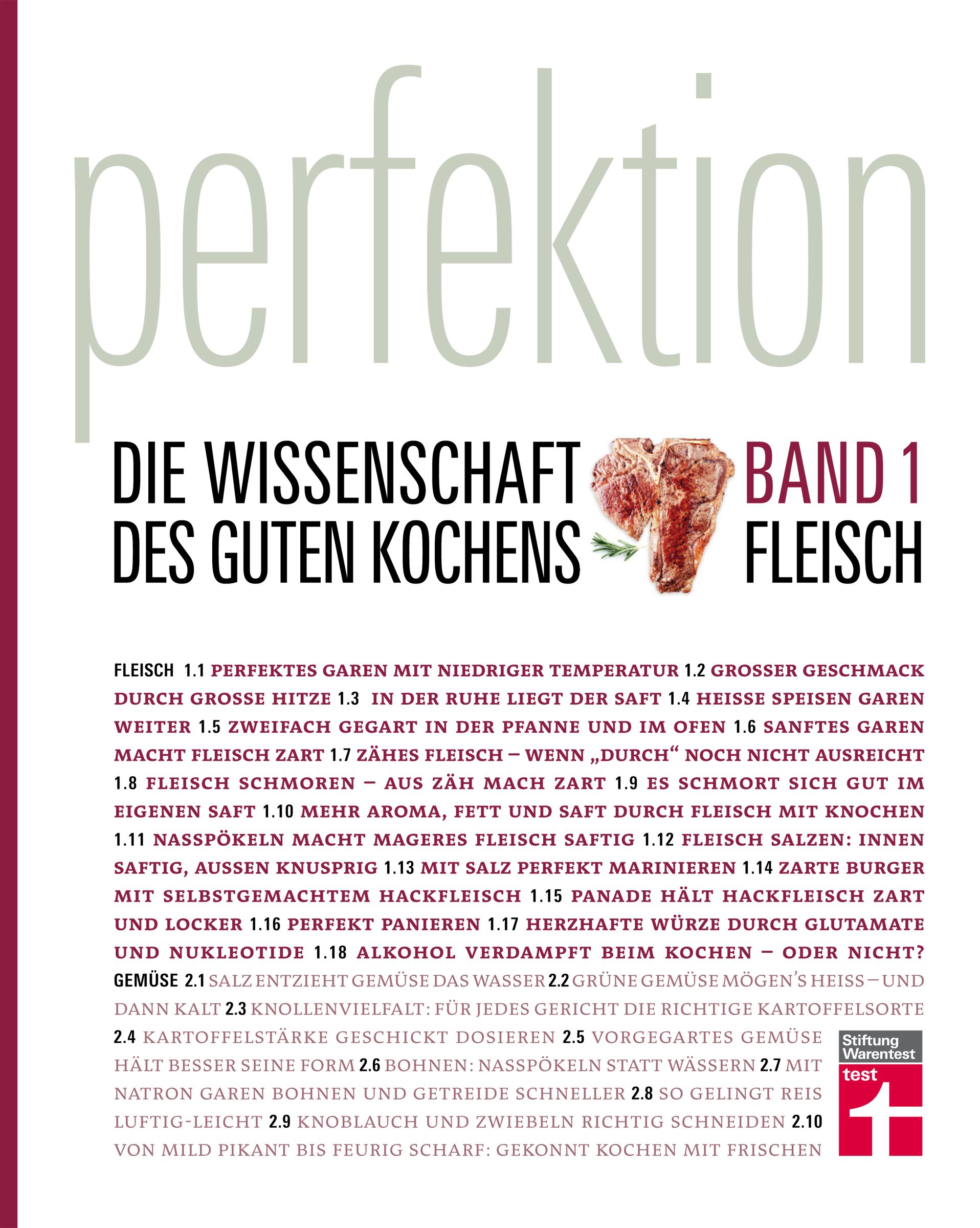 Buchcover: Perfektion. Die Wissenschaft des guten Kochens. Band 1 Fleisch. Mit Fleischstück-Illustration. Stiftung Warentest Logo.