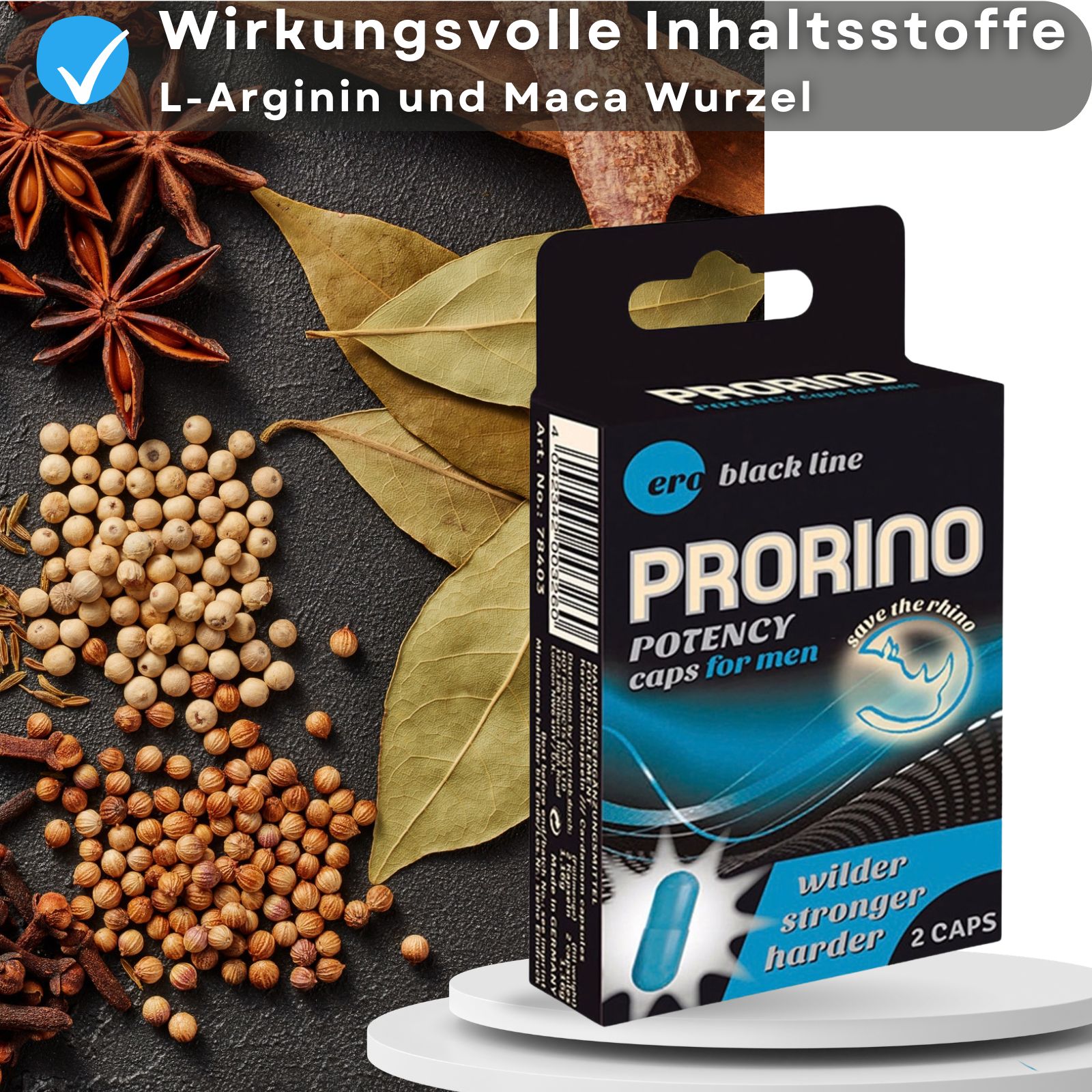 Prorino Kapseln für den Mann. Verpackung und blaue Kapseln. Text: Wirksame Inhaltsstoffe: L-Arginin, Maca.