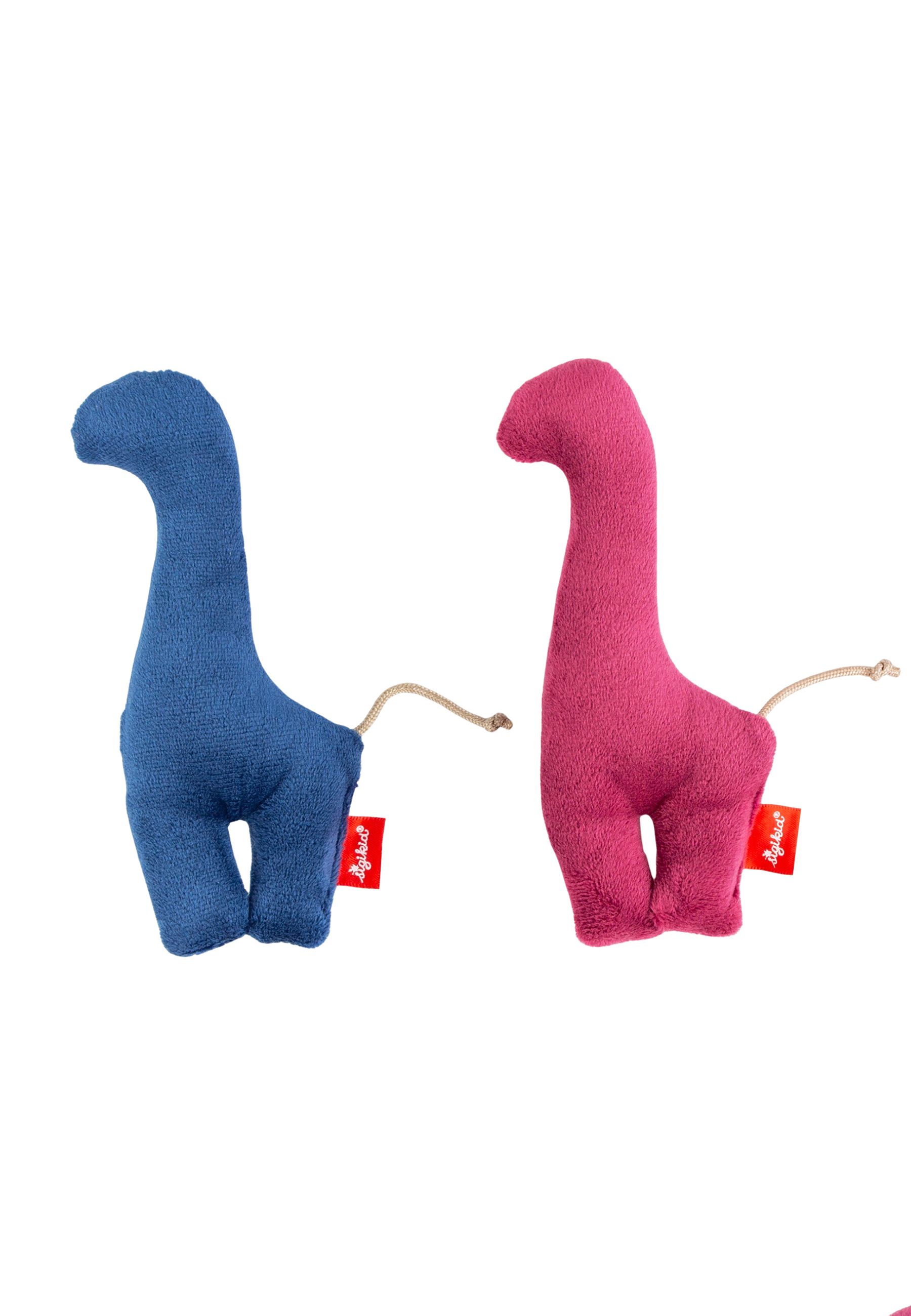 Zwei Stoff-Dinosaurier-Greiflinge in Blau und Pink. Mit Anhängern und Etikett.