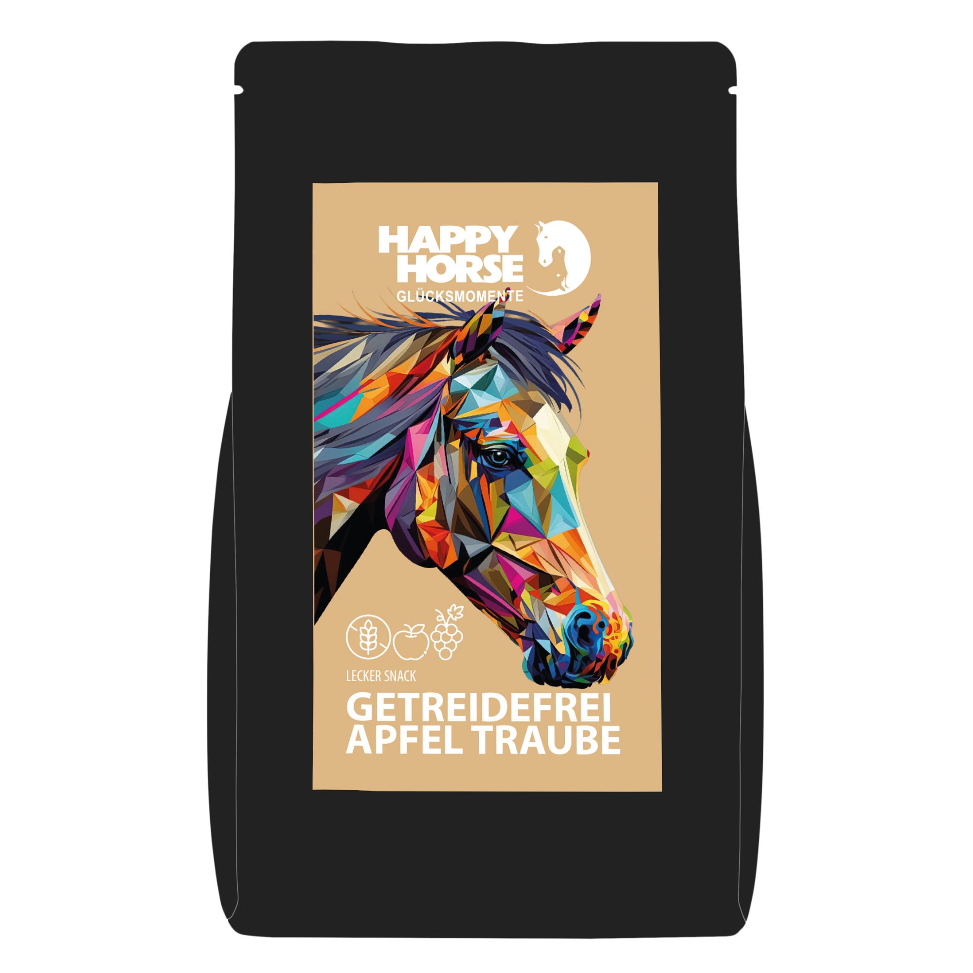 Schwarze Verpackung mit Produktabbildung. Aufdruck: Happy Horse, Getreidefrei Apfel Traube. Bild eines bunten Pferdekopfes.