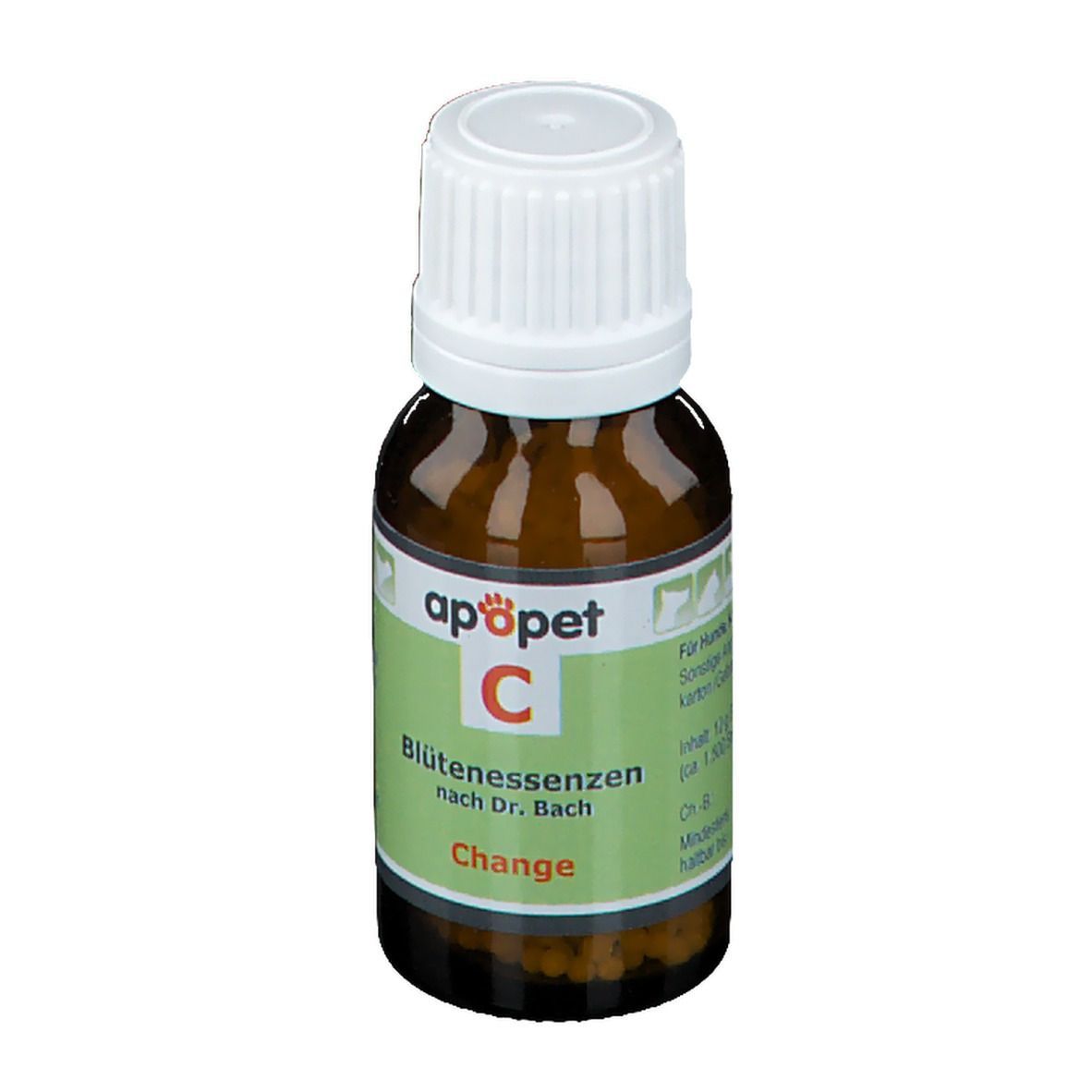 Braune Glasflasche mit weißem Deckel und grünem Etikett. Aufschrift: apopet C, Blütenessenzen nach Dr. Bach, Change.