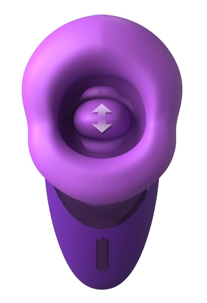 Lila Pleasure Sucker. Runde Form mit Öffnung. Pfeile zeigen Bewegung an. Mit Ladeanzeige und Globus-Symbol.