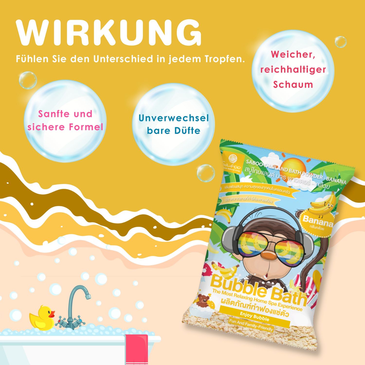 SABOO Schaumbad Pulver Banane. Produkt in Badewanne. Aufdruck: Affe mit Sonnenbrille und Kopfhörern. Text: Bubble Bath. Gummiente.