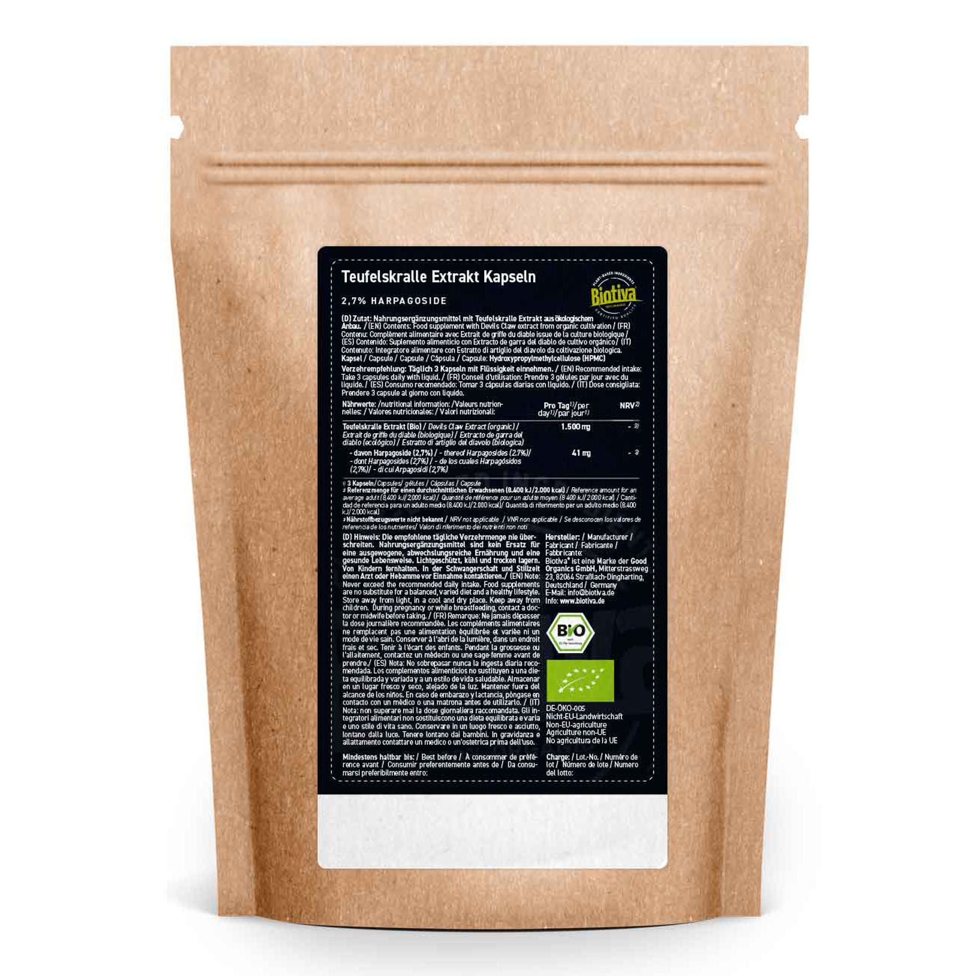 Rückseite der Tüte mit Produktinformationen. Text in Deutsch. Bio-Siegel. Enthält Nährwertangaben und Inhaltsstoffe.