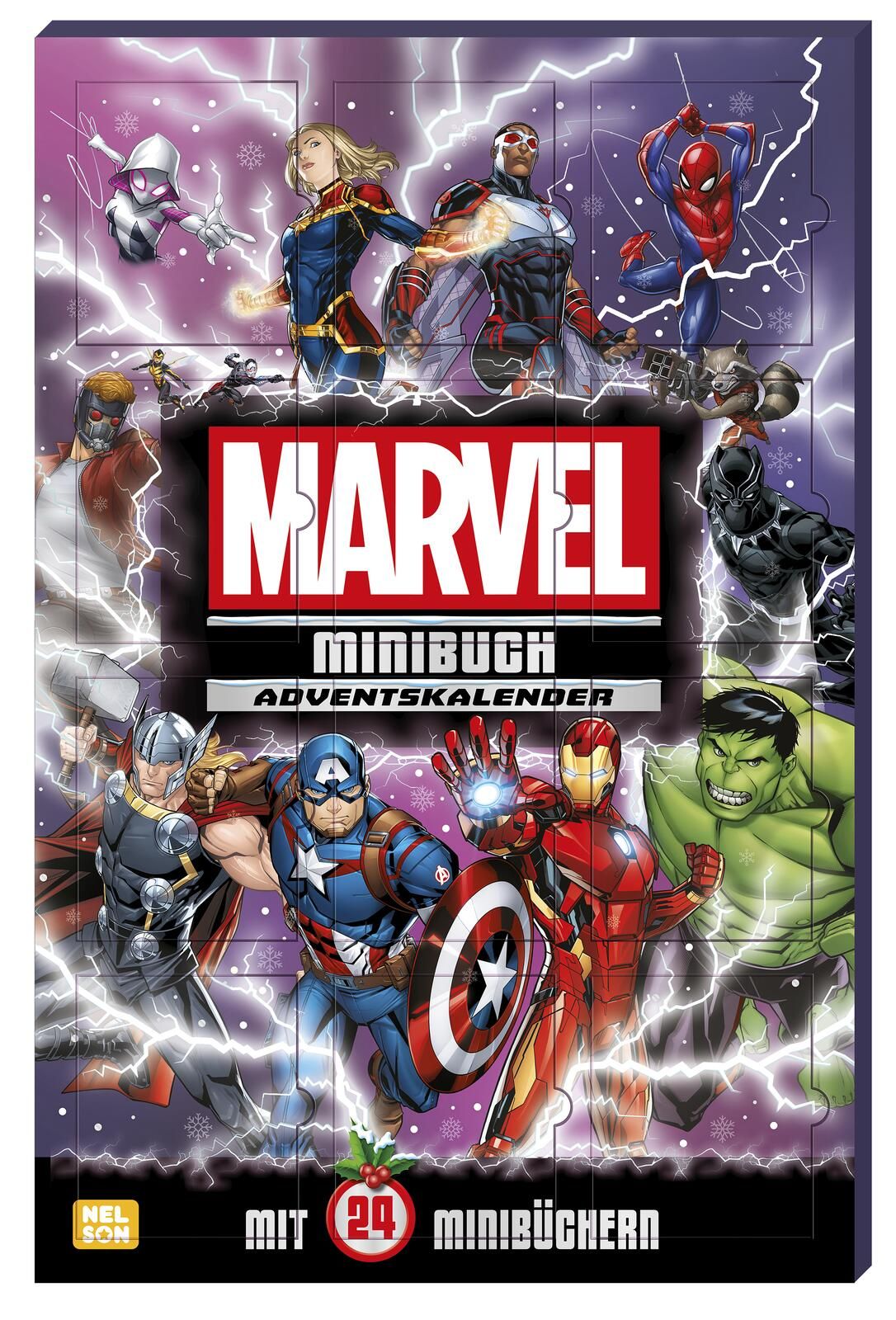 Adventskalender mit Marvel-Superhelden. Enthält 24 Minibücher. Logo: Marvel, Minibuch-Adventskalender. Mit 24 Minibüchern.