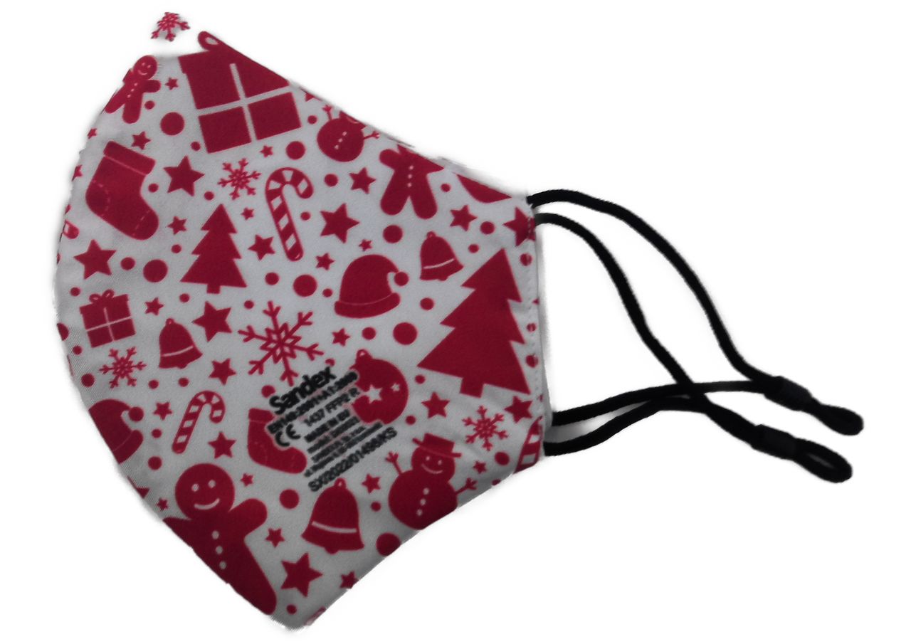 FFP2-Maske mit rotem Weihnachtsmuster. Schwarze Ohrschlaufen. Marke Sandex.