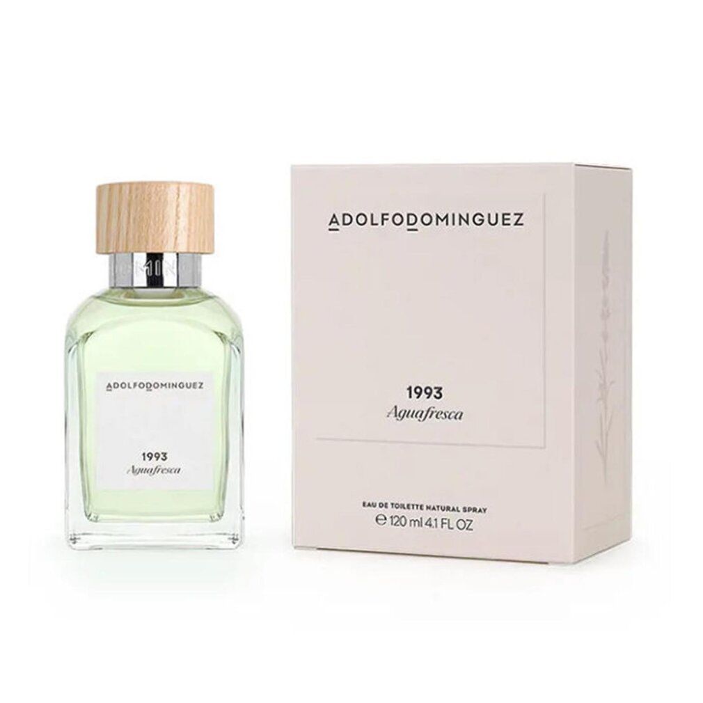 Glasflakon und Verpackung. Aufschrift: ADOLFODOMINGUEZ, 1993, Agua Fresca. Eau de Toilette. Flakon: 120 ml. Auf weißem Hintergrund.