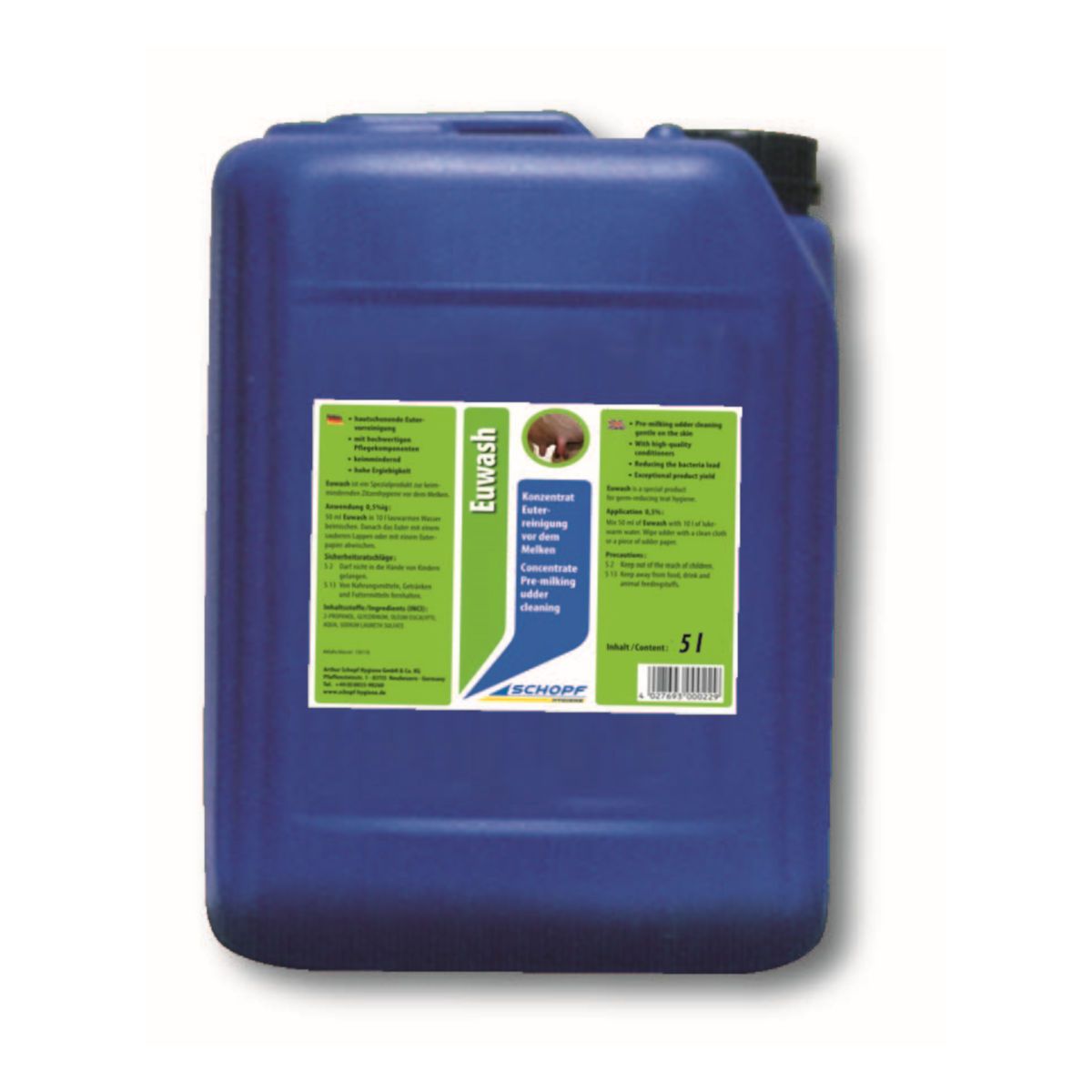 Blauer Kanister mit Etikett. Aufschrift "Euwash" und "SCHOPF". Enthält 5 Liter.
