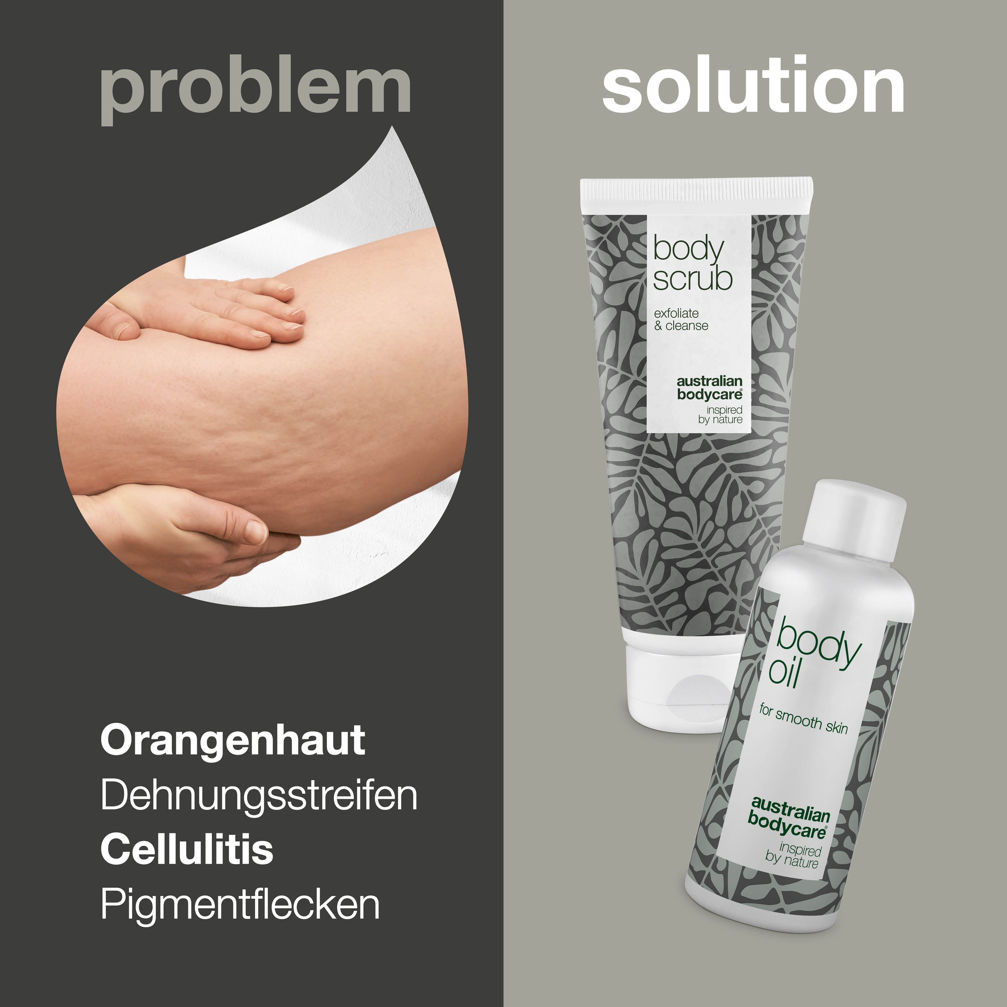 Problem: Orangenhaut, Dehnungsstreifen, Cellulite, Pigmentflecken. Lösung: Body Scrub und Body Oil. Australian Bodycare.