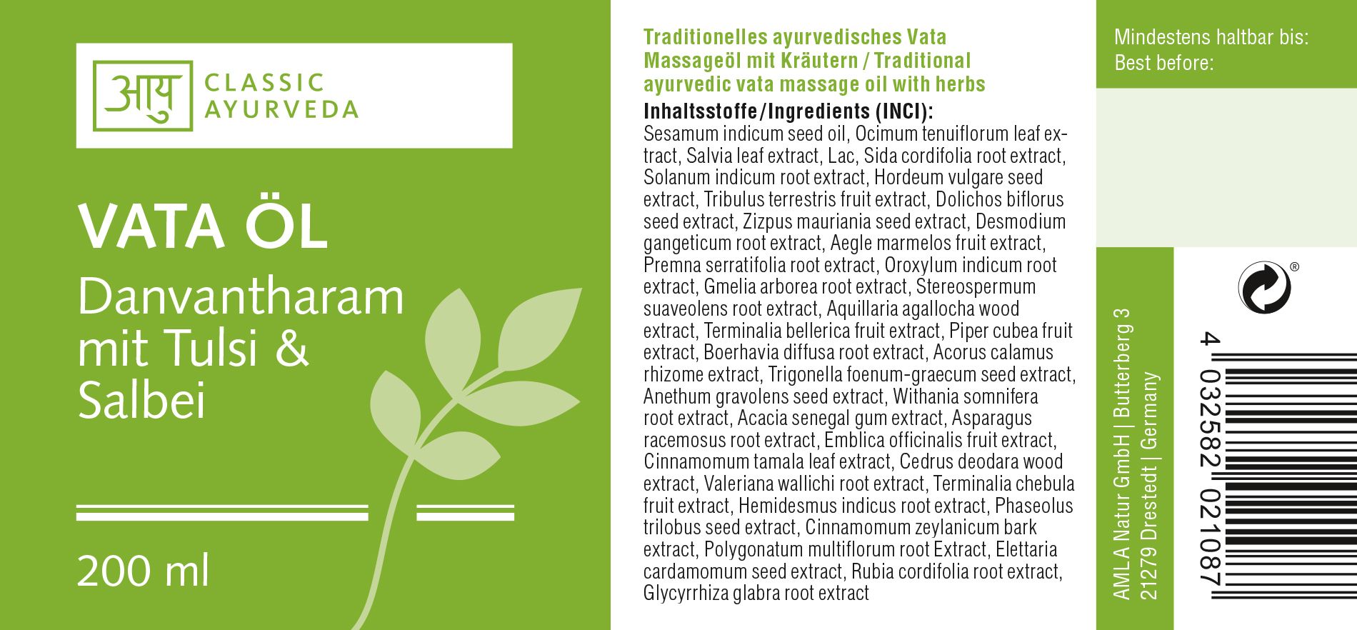Grünes Etikett mit Text. Inhaltsstoffe und Text: Vata Öl, 200 ml. Barcode.