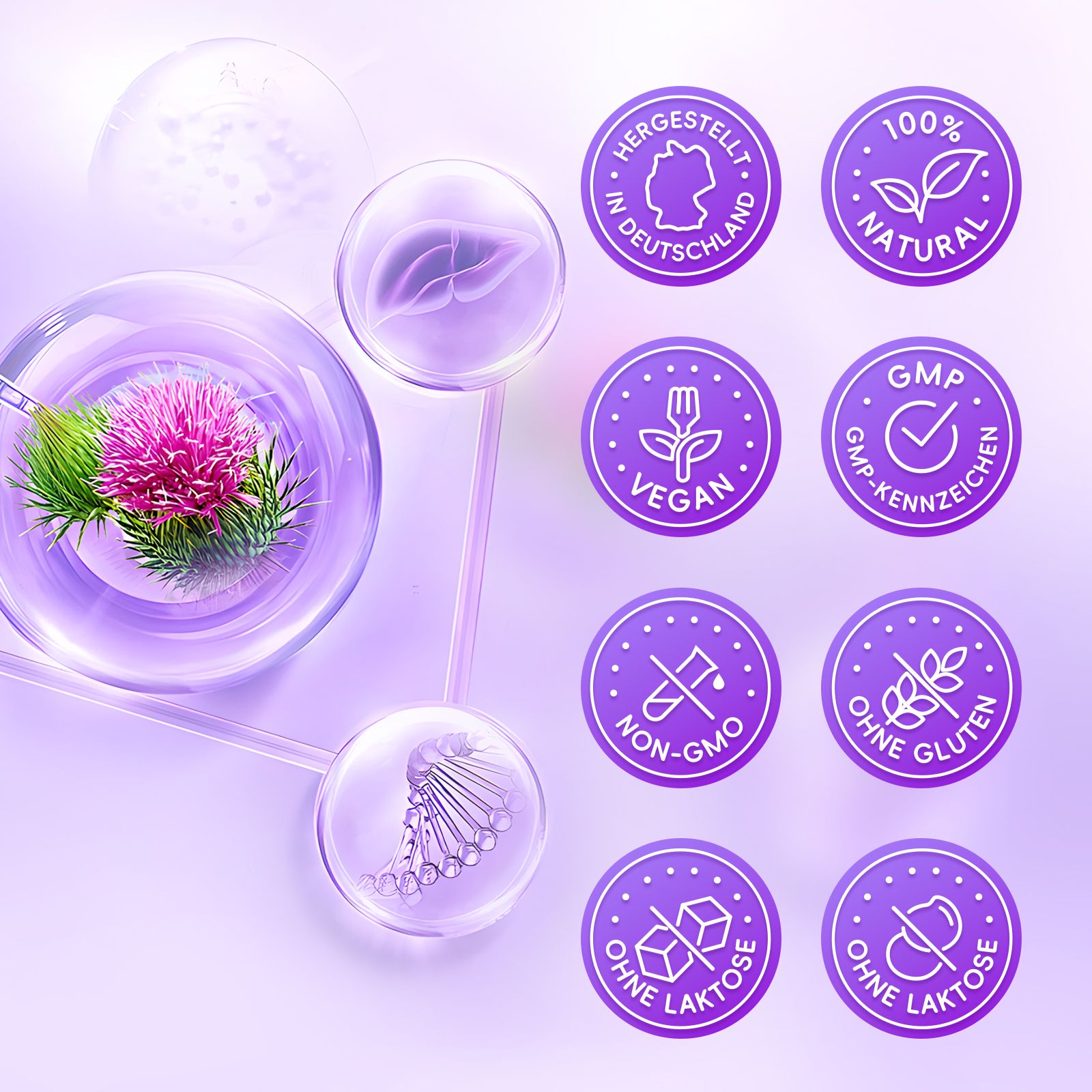 Eine stilisierte Darstellung einer Distelblüte in einem Glasbehälter, umgeben von Blasen. Daneben sind Siegel für "Hergestellt in Deutschland", "100% Natural", "Vegan", "GMP-Kennzeichen", "Non-GMO", "Ohne Gluten", "Ohne Laktose".