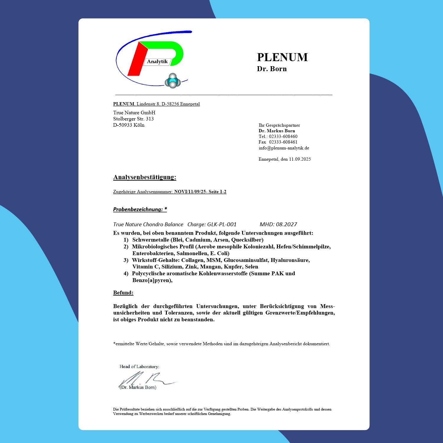 Zertifikat von Plenum Analytik Dr. Born. Enthält Informationen zu Probenbezeichnung, Untersuchungsergebnissen und Konformität.