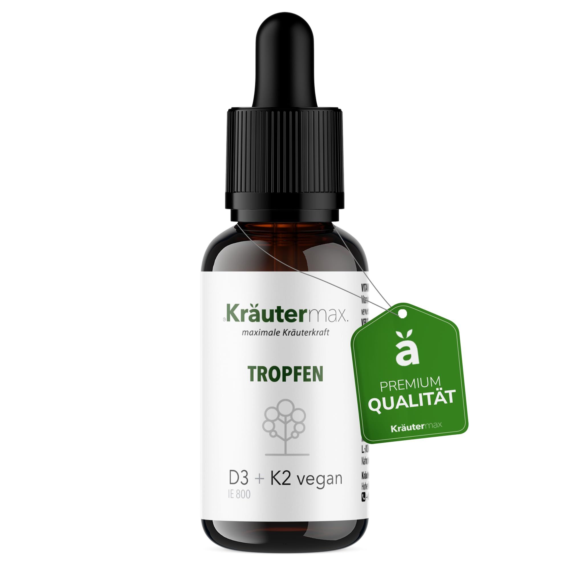 Braune Glasflasche mit Tropfer. Etikett mit Produktbezeichnung, Tropfen-Symbol, D3 + K2 vegan. Grünes Anhängeetikett: Premium Qualität.