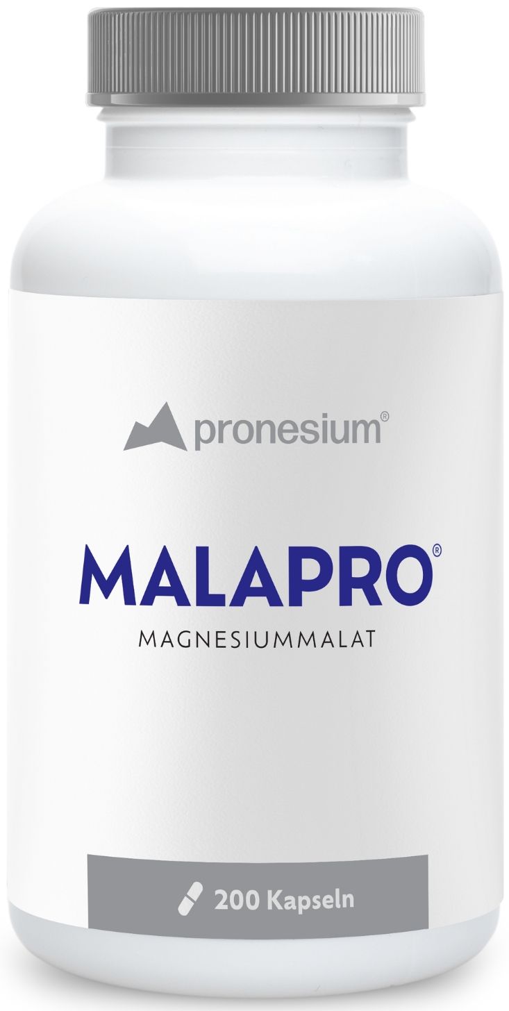 Weiße Flasche mit grauem Deckel. Aufschrift MALAPRO, Magnesiummalat und 200 Kapseln. Logo: Dreieck.