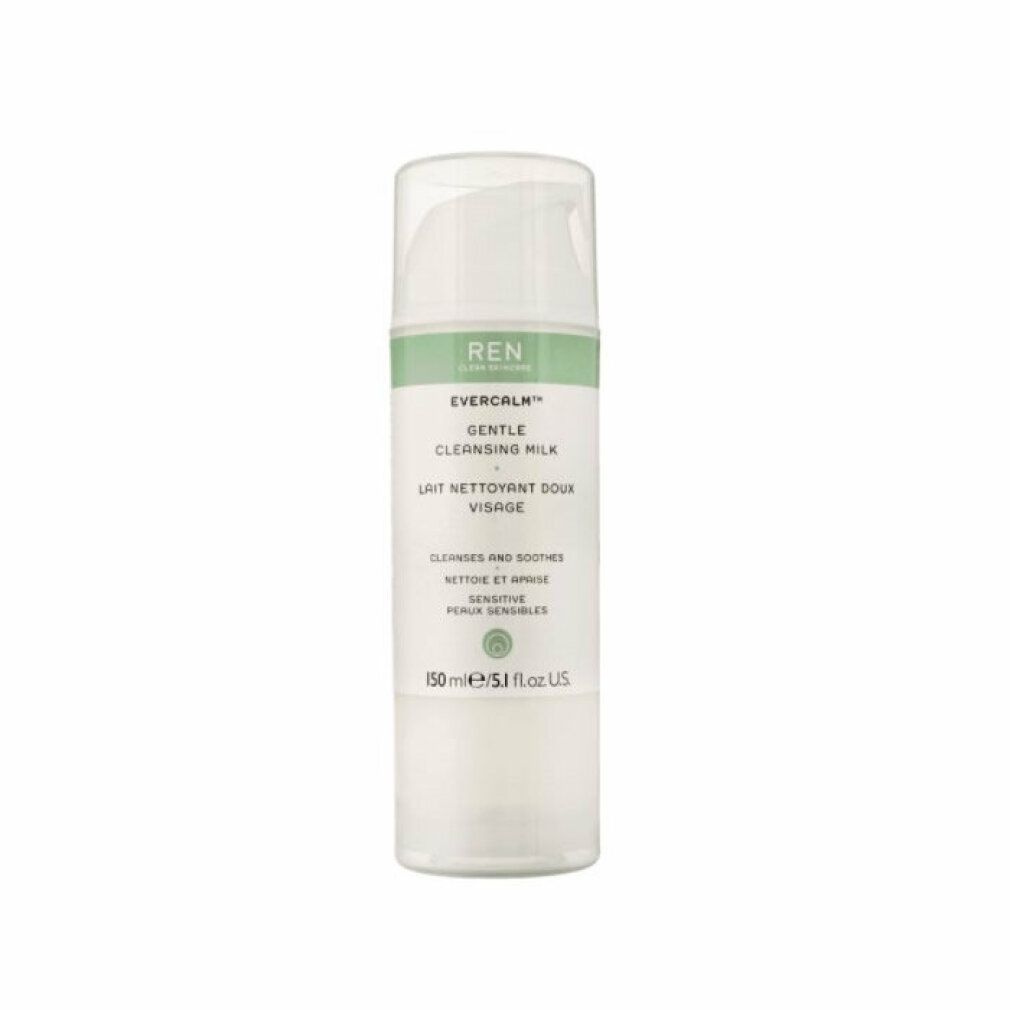 Weiß-grüne Flasche mit Produkttext. Aufschrift: REN Evercalm Gentle Cleansing Milk. 150 ml.