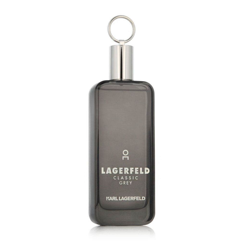 Graues Parfümflakon mit silbernem Verschluss und Ring. Aufschrift: LAGERFELD CLASSIC GREY. Marke: KARL LAGERFELD.