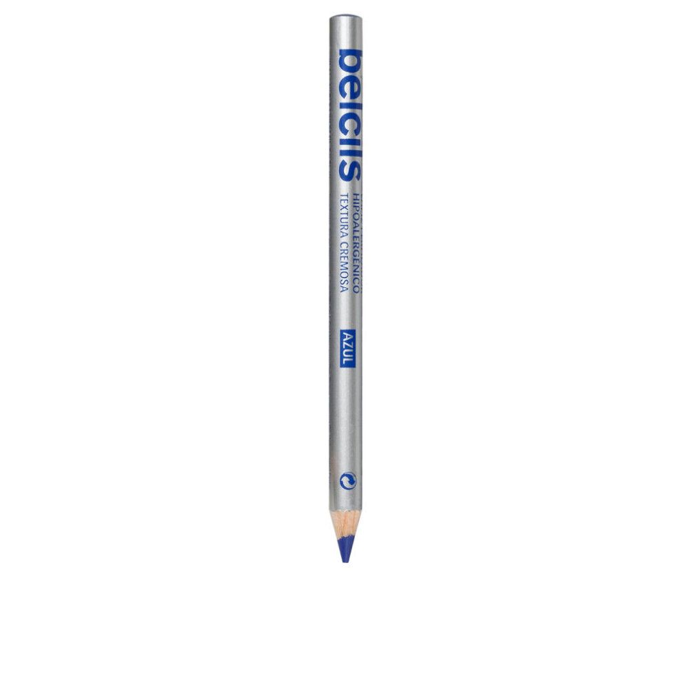 Ein einzelner Bleistift mit silberfarbenem Schaft und blauer Spitze. Blaue Schriftzüge.