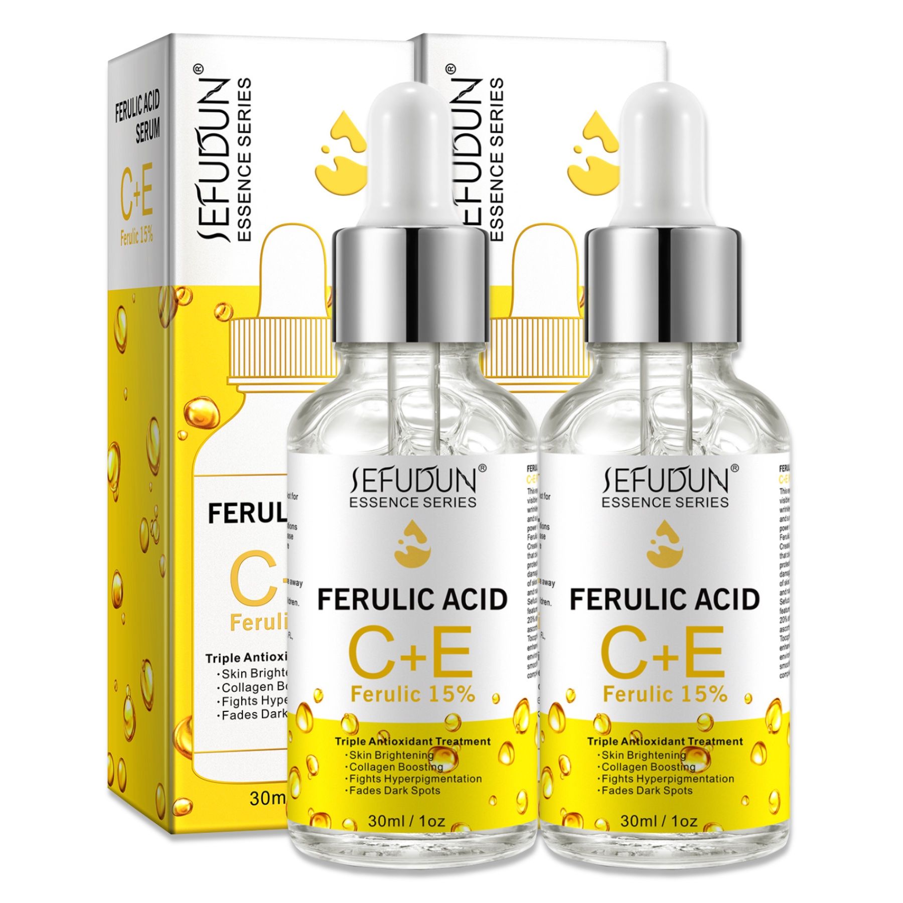 Zwei Serumflaschen mit Verpackung. Text: Ferulic Acid C+E. Gelber Hintergrund. 30ml/1oz.