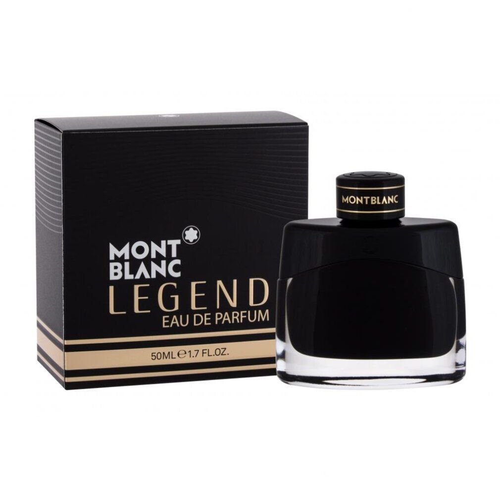 Schwarze Flasche und Schachtel von Montblanc Legend Eau de Parfum. Der Markenname und der Produktname sind sichtbar.