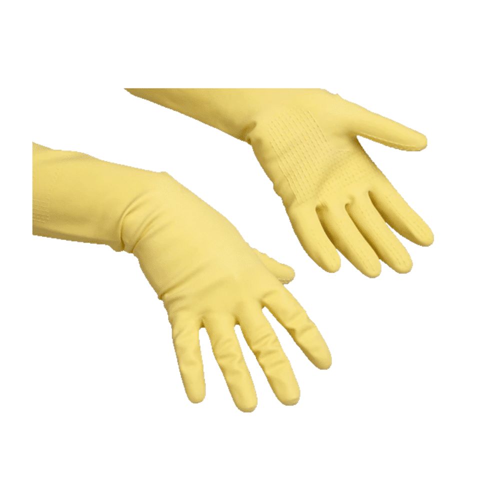 Zwei gelbe Handschuhe. Die Handschuhe sind aus Gummi und haben eine geriffelte Oberfläche auf der Handfläche.
