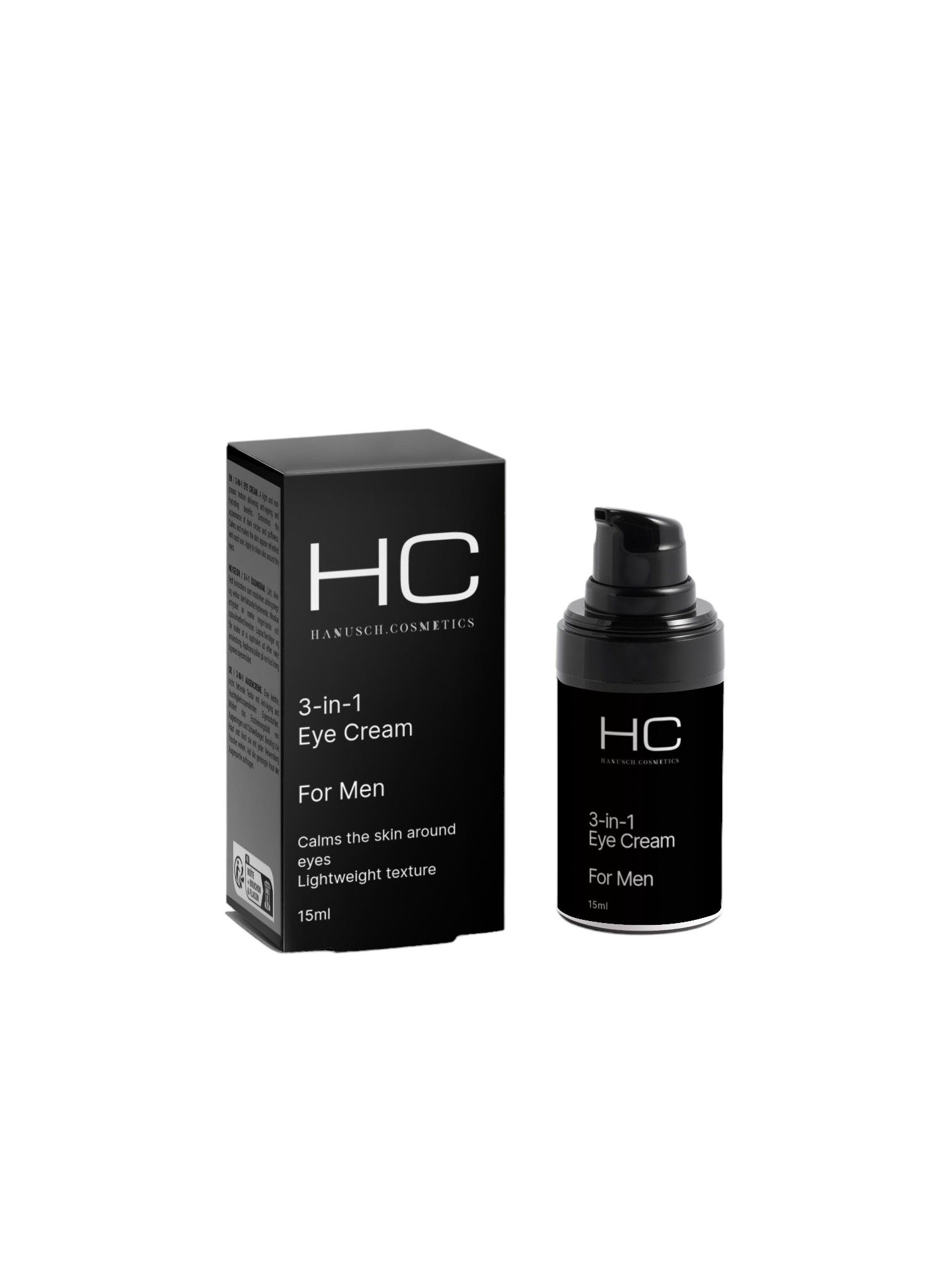 Schwarze Verpackung und Flasche mit Aufschrift 'HC' und '3-in-1 Eye Cream For Men'. Flasche mit Spender. Text: 'Beruhigt die Haut um die Augen'.