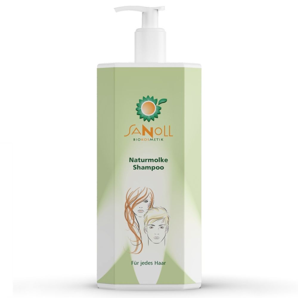 Grüne Shampoo-Flasche mit Dosierpumpe. Aufschrift: Sanoll Biokosmetik Naturmolke Shampoo. Abbildung von Frau und Mann. Für jedes Haar.